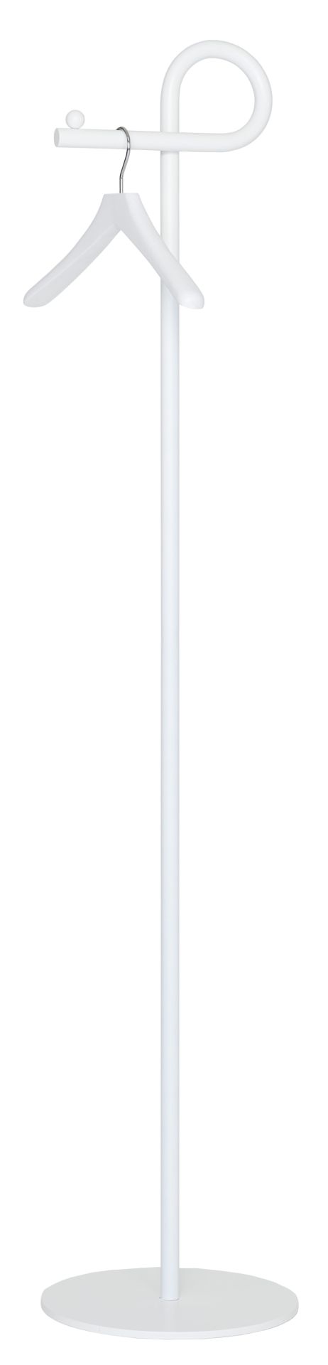 Weißer Schönbuch Slinga Garderobenständer mit Kleiderbügel und runder Basis für Flur und Diele.