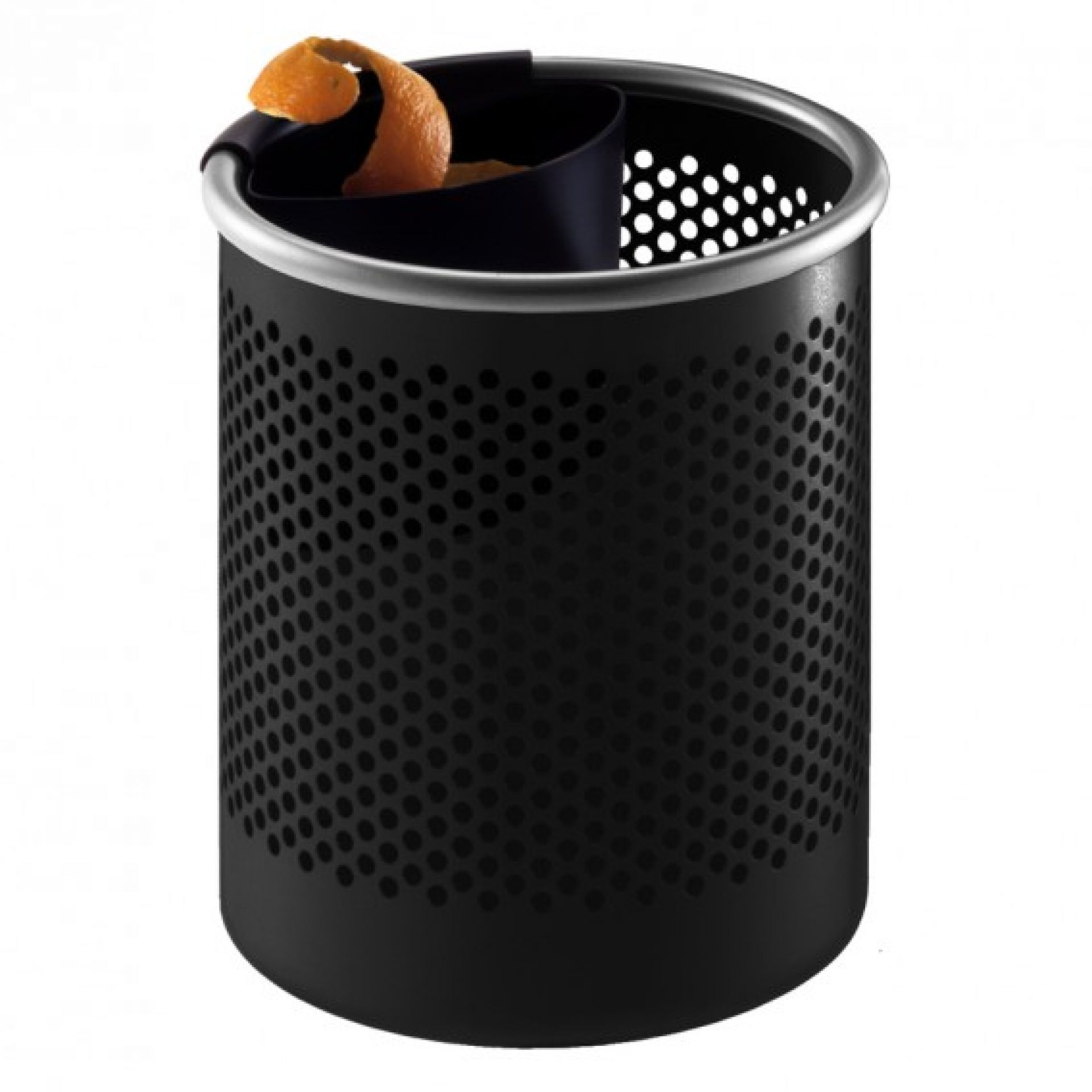 Schwarzer Cribbio Papierkorb von Rexite mit Lochmuster und Orangenschale im integrierten Behälter.