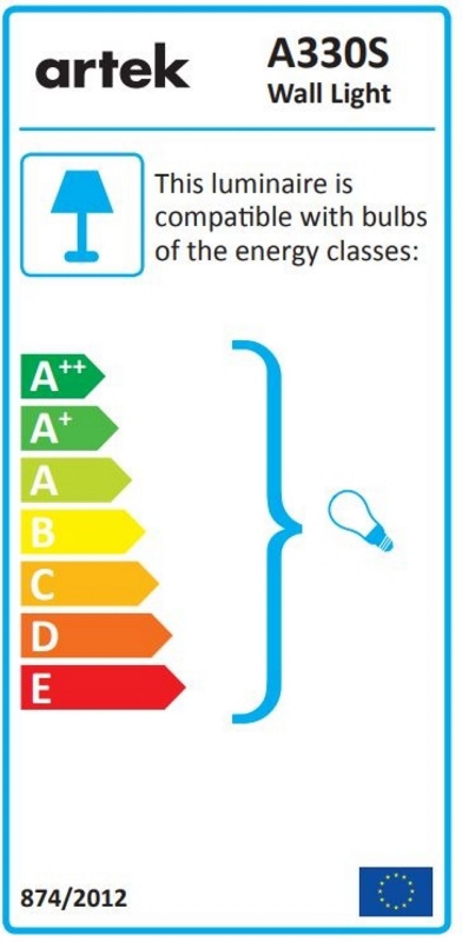 Energieeffizienzlabel für Artek A330S Wandleuchte, kompatibel mit Glühbirnen der Energieklassen A++ bis E.