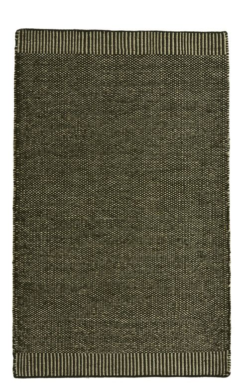 Rechteckiger, dunkelgrüner Rombo Teppich von Woud, 90x140 cm, mit schmalem, gestreiften Rand.