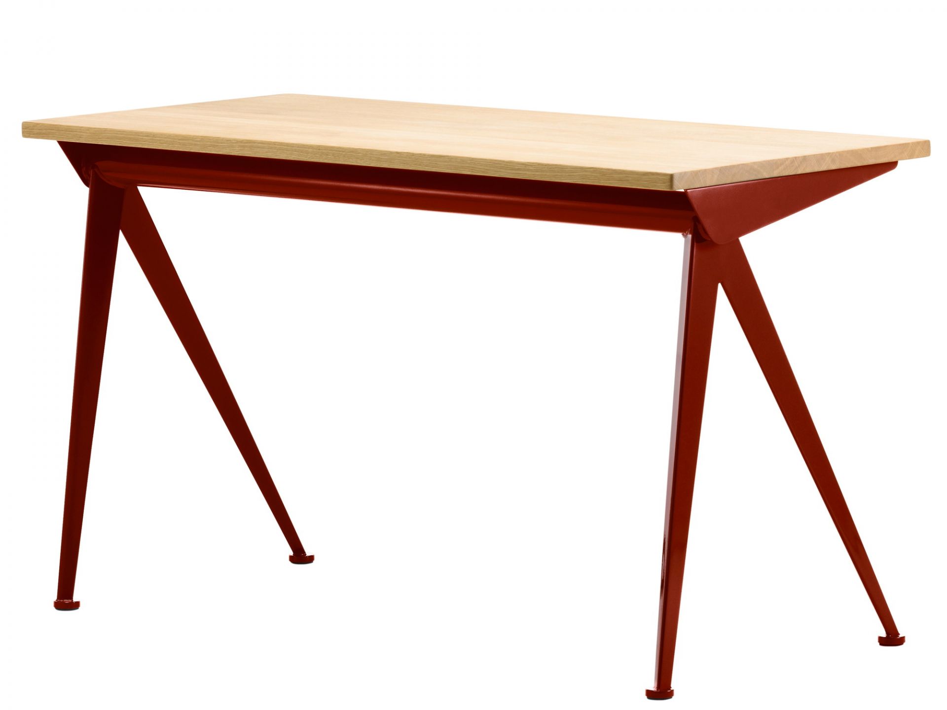 Vitra Compas Direction Schreibtisch mit heller Holzplatte und rotem Metallgestell, modernes Design.