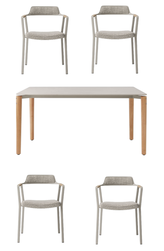 Open-Air Outdoor Set: Esstisch mit vier Stühlen, modernes Design für Garten und Terrasse.