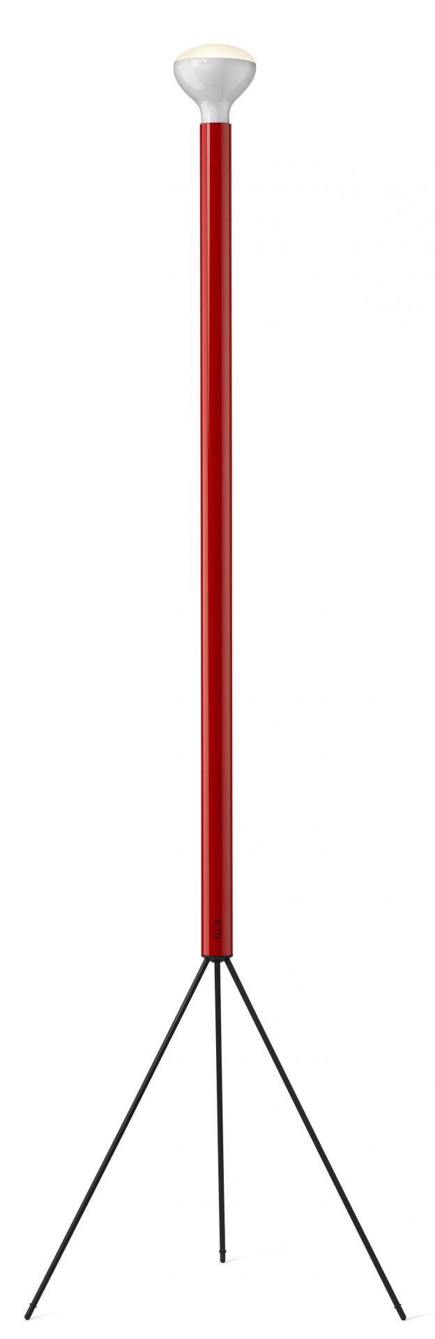 Rote Flos Stehleuchte Luminator mit schwarzem Stativ und weißem Lampenschirm. Design Lampe.