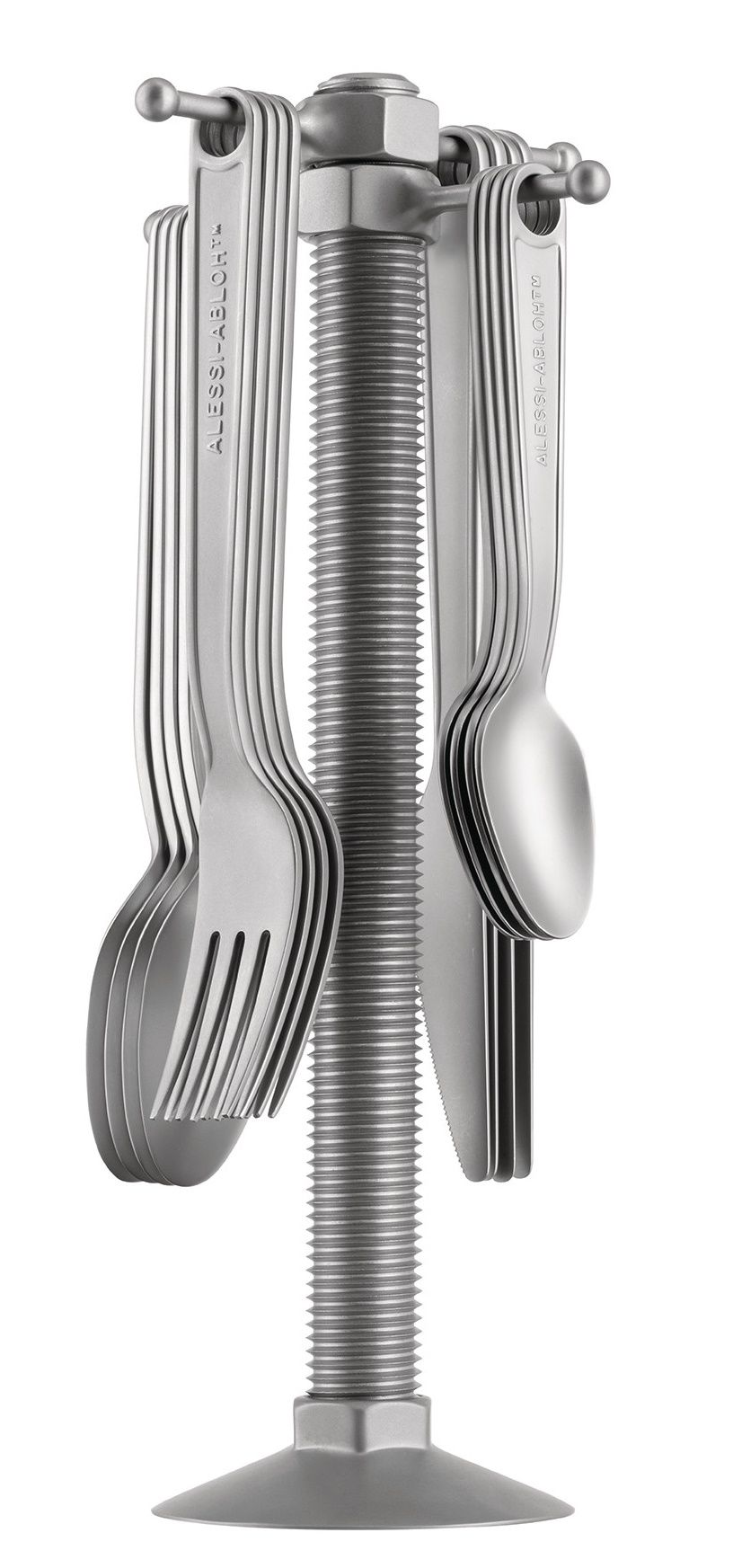 Alessi VA02 Besteckgarnitur, modernes Design-Besteckset aus Edelstahl auf einem Schraubstock-ähnlichen Halter.