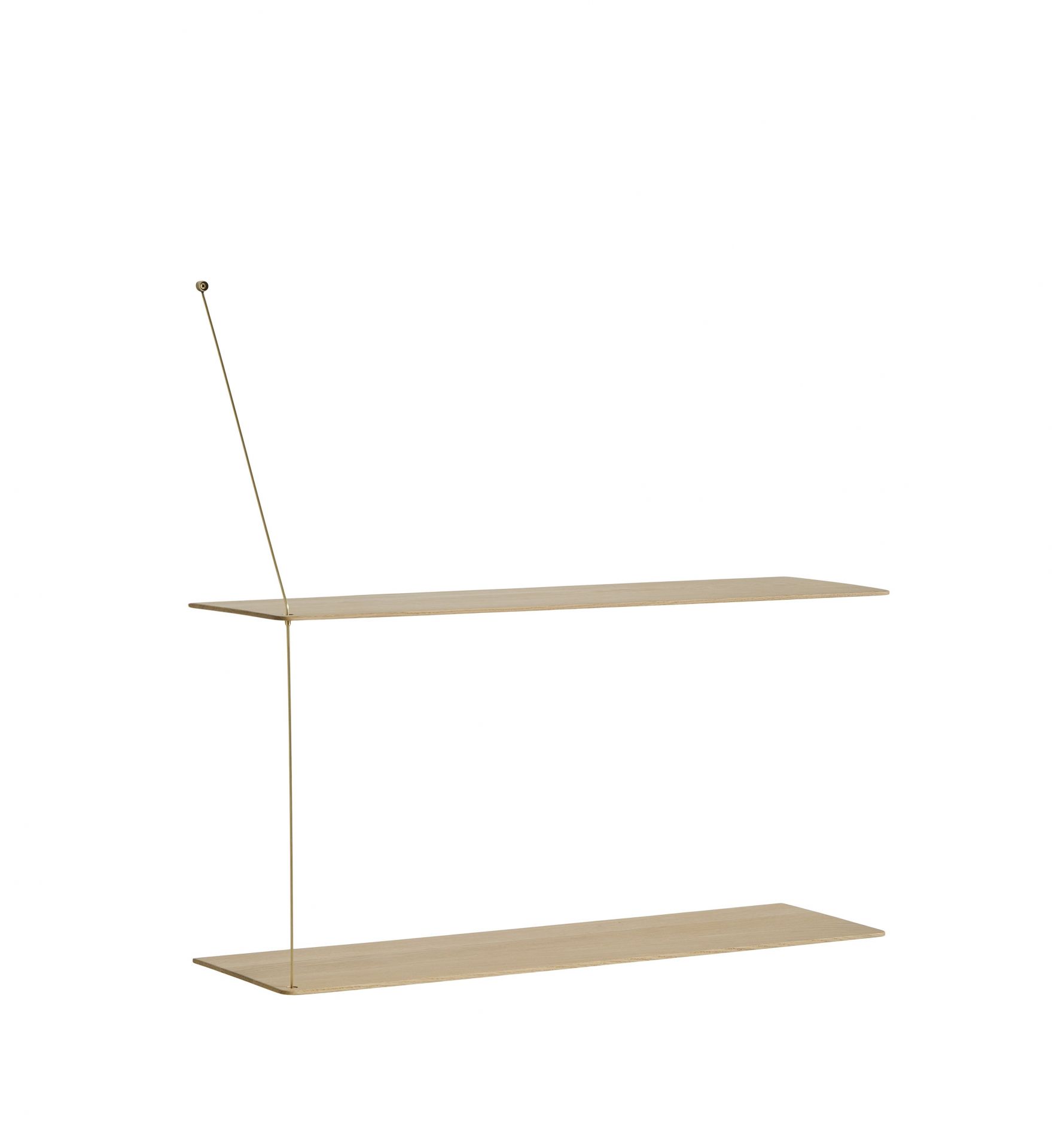 Stedge Wandregal von Woud, Jubiläumsedition: Minimalistisches Design mit zwei hellen Holzablagen und Messingaufhängung.