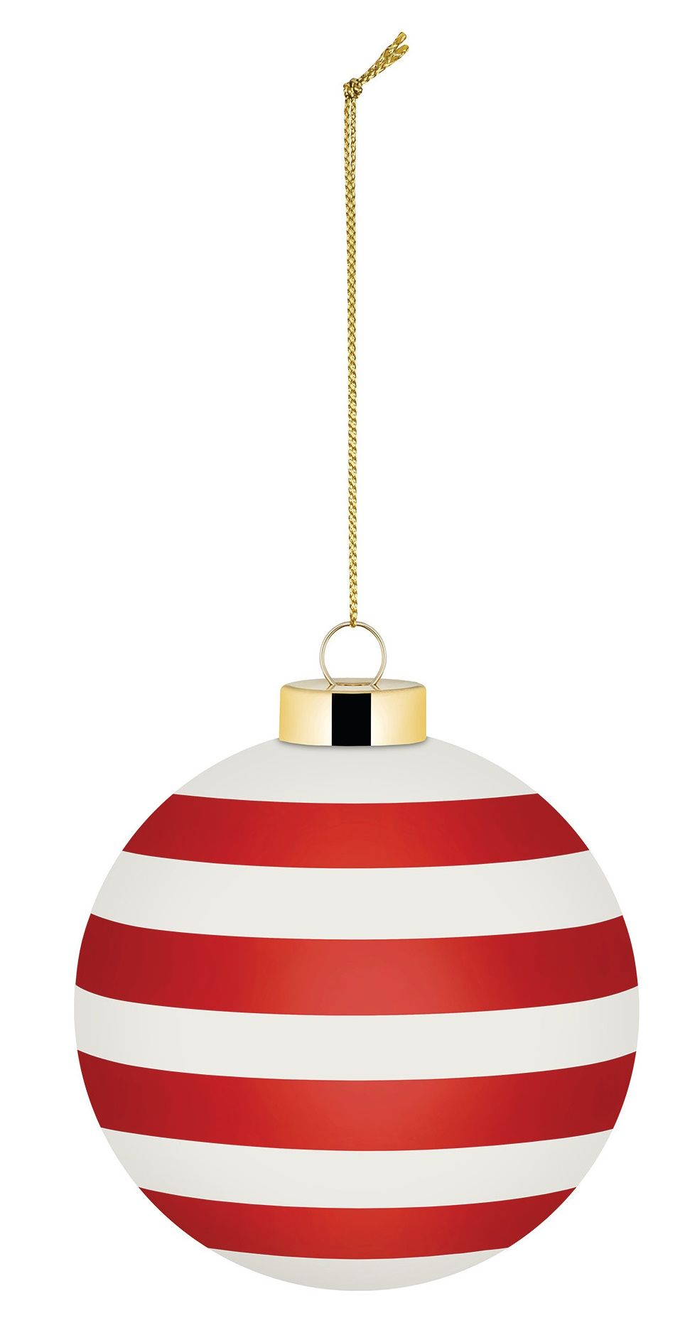 Alessi Weihnachtskugel NZ04 Delight mit roten und weißen Streifen an goldener Kette.