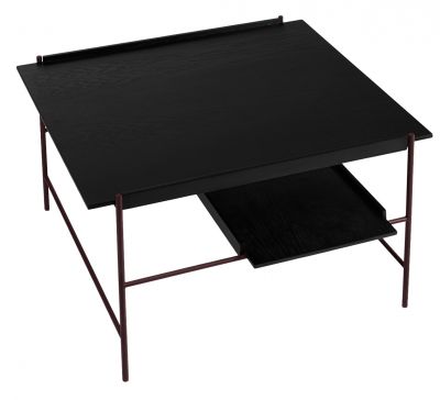 Schwarzer Kanso Couchtisch von Please Wait to be seated mit Ablage und filigranem, braunem Metallgestell.