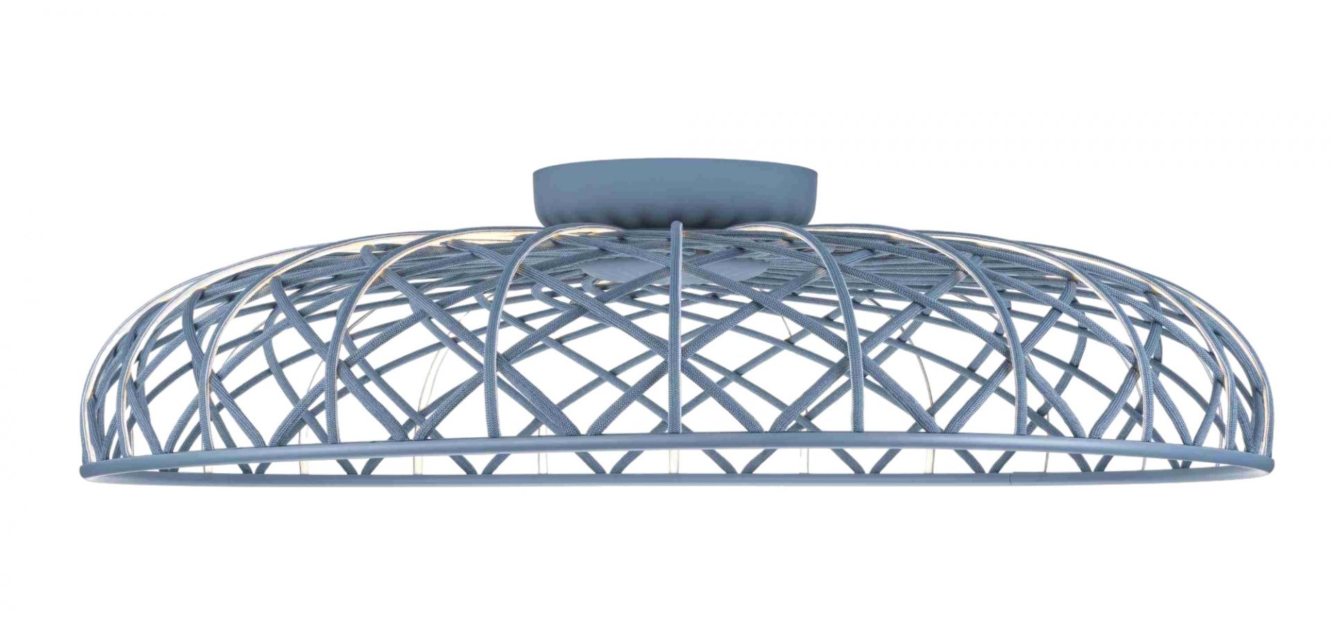 Blaue Skynest Deckenleuchte von Flos mit filigranem Design und indirekter Beleuchtung für Wohnräume.