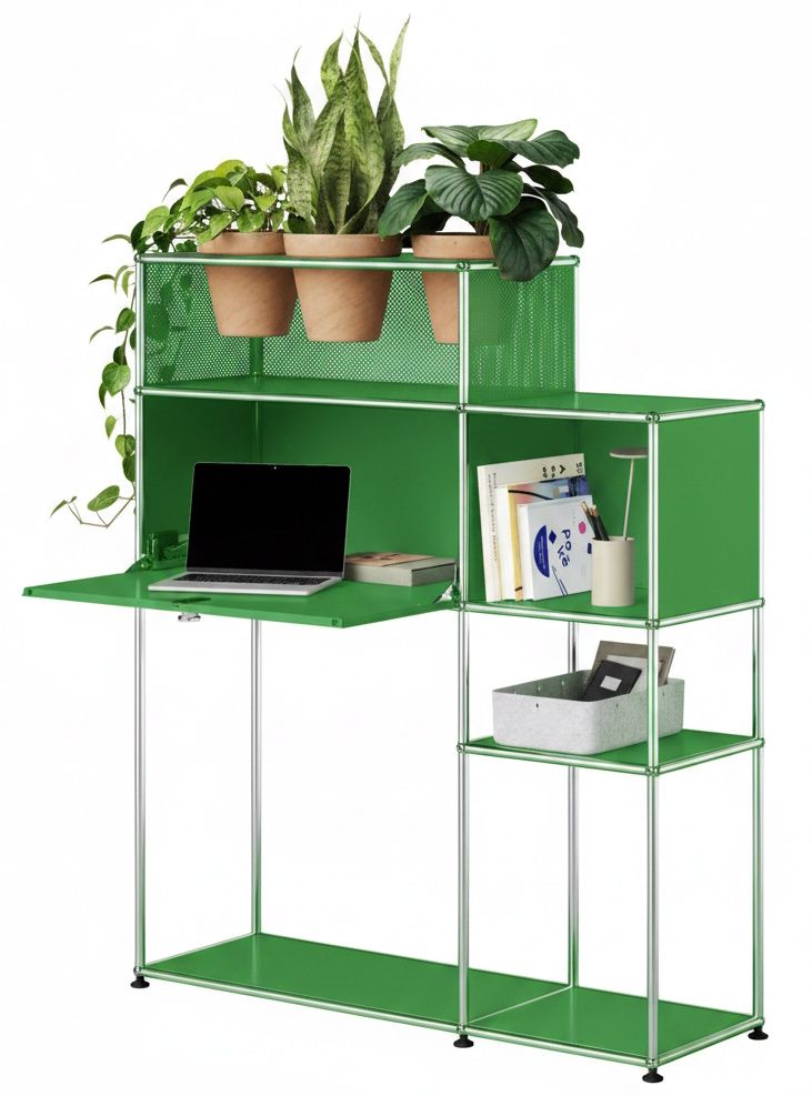 Home Office mit Pflanzenelement USM Haller Grün