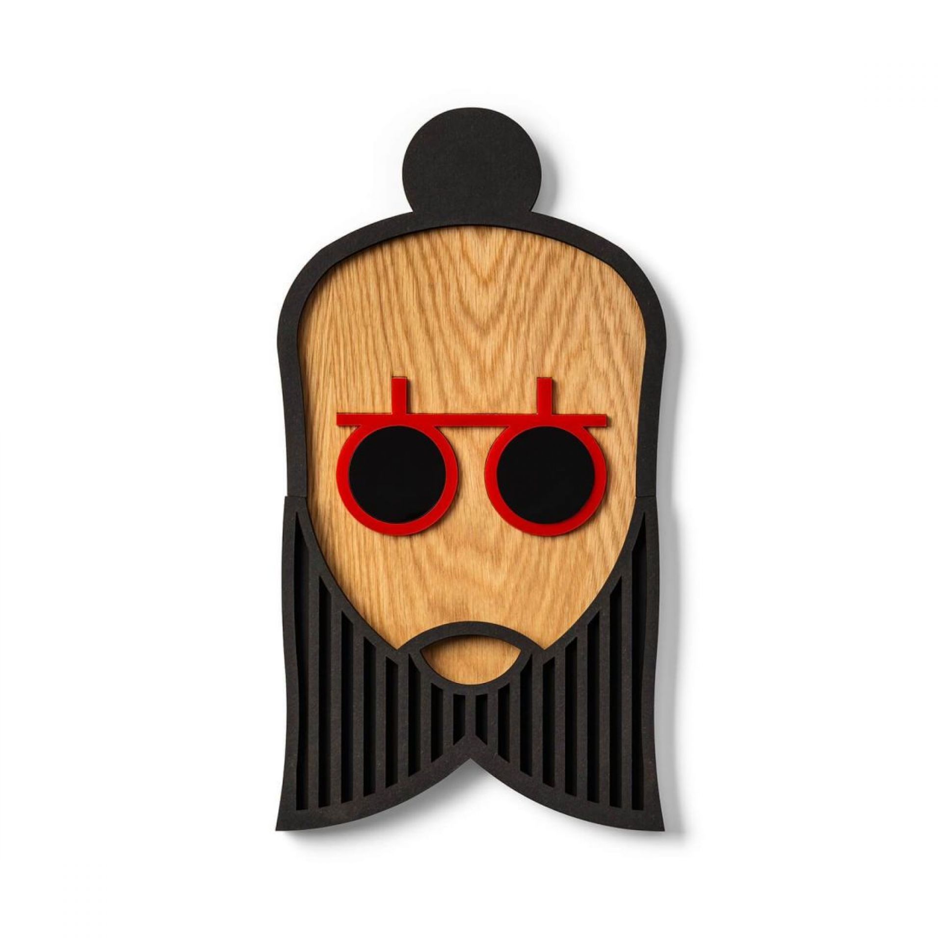 Hipster Mayson Wandschmuck: Einzigartige, hölzerne Wanddeko im angesagten Hipster-Design mit roter Brille und schwarzem Bart.