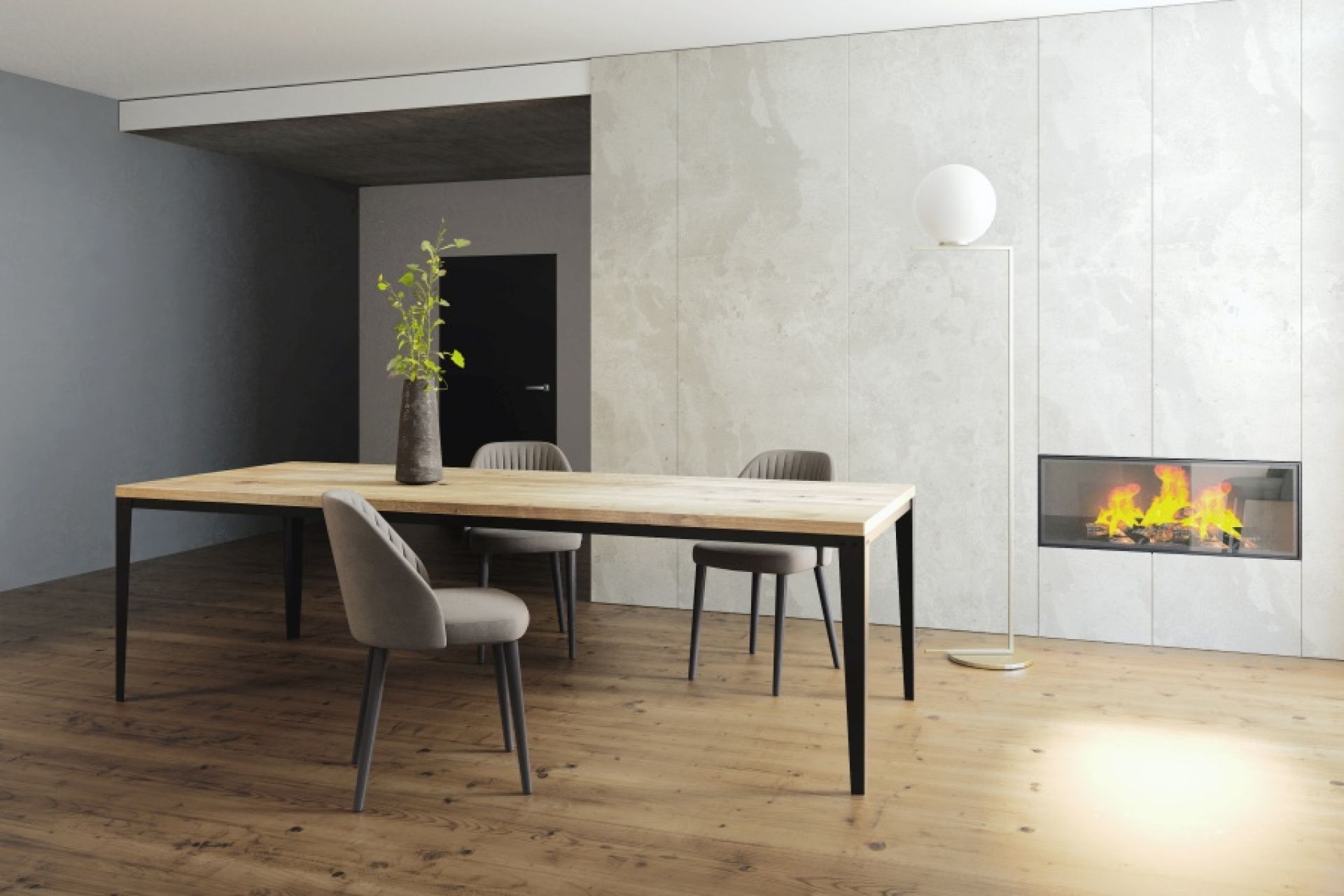 Floy Hard Esstisch: Moderner Holztisch mit schwarzem Metallgestell und Stühlen in minimalistischem Esszimmer.