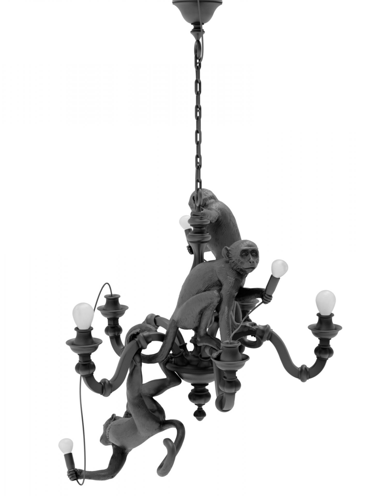 Schwarze Monkey Lampe von Seletti: Hängende Affen halten Glühbirnen, extravagante Pendelleuchte für Wohnzimmer.