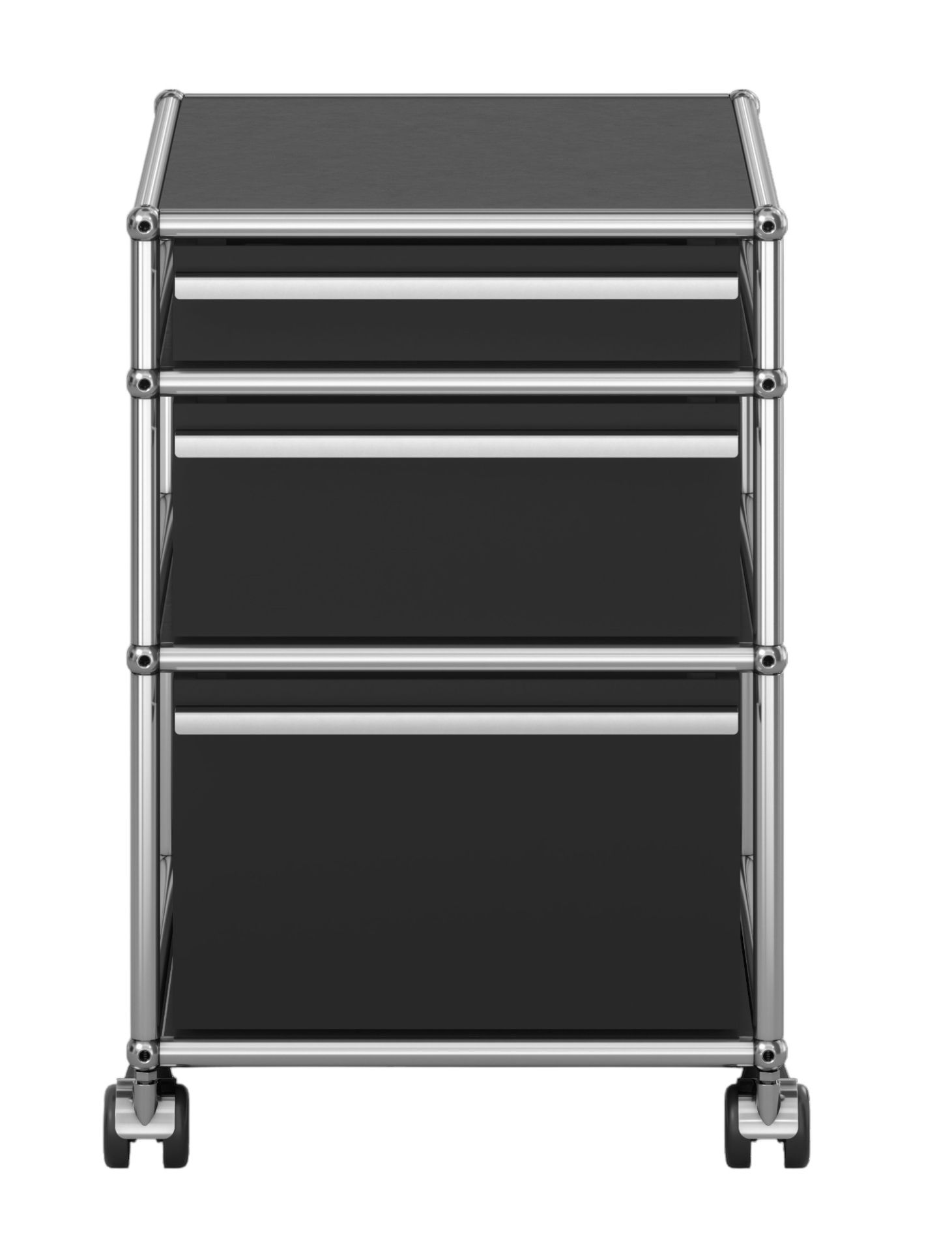 USM Haller Rollcontainer mit drei Schubladen in Schwarz, Chromgestell und Rollen für Büro oder Arbeitszimmer.