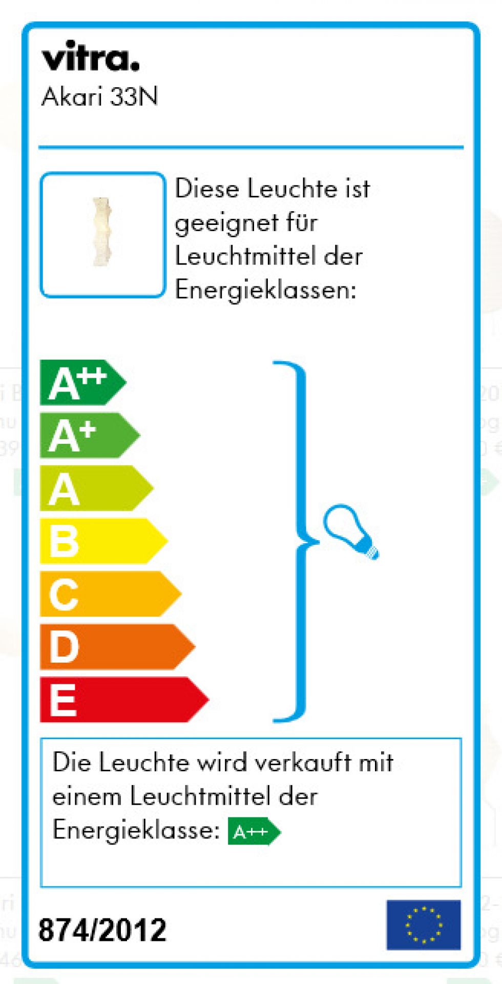 Energieeffizienzlabel der Akari 33N Hängeleuchte von Vitra mit Energieklassen A++ bis E.