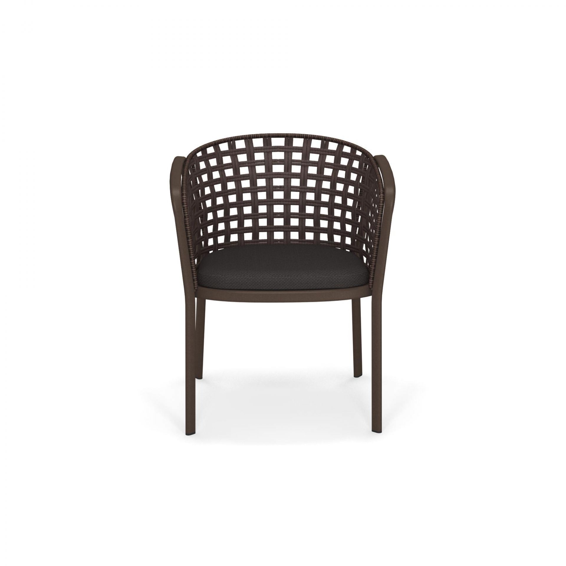 Carousel Armlehnstuhl von Emu: Brauner Outdoor Stuhl mit geflochtener Rückenlehne und grauem Sitzkissen.