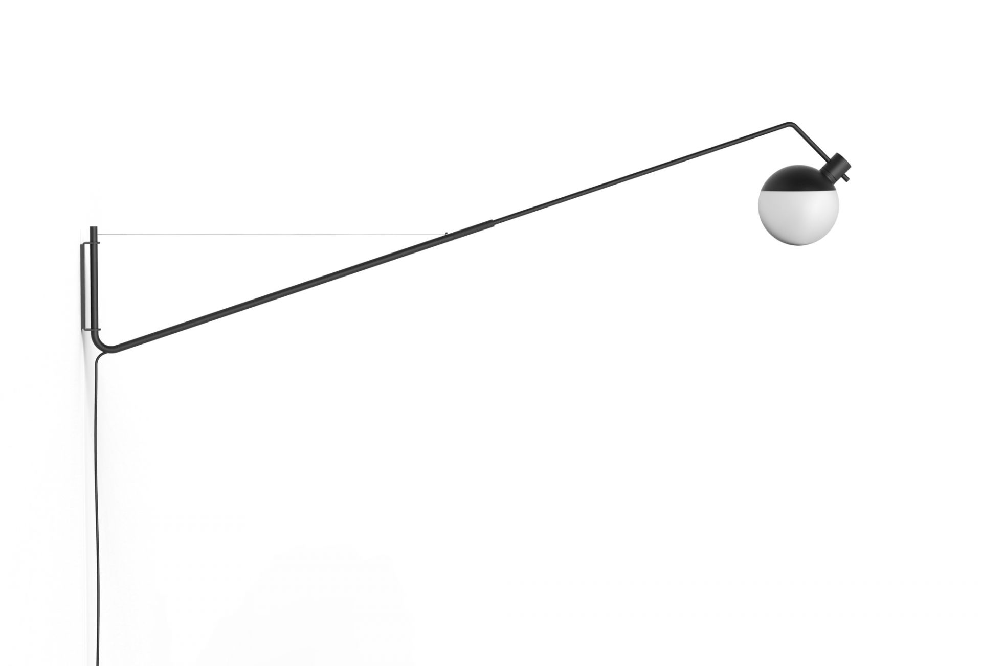 Schwarze Baluna Wandleuchte von Grupa mit weißem Kugelschirm und filigranem, modernem Design.