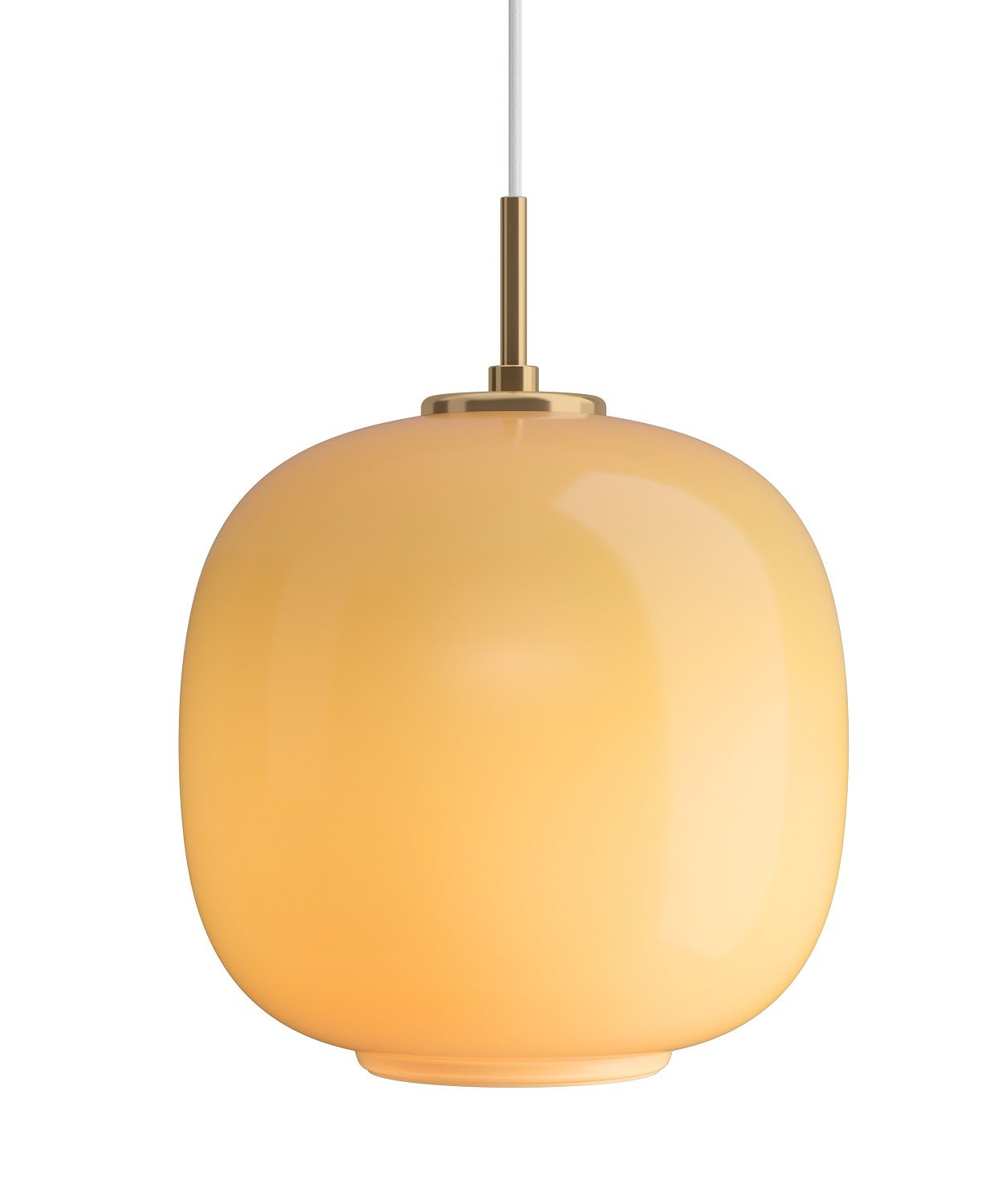 Nahaufnahme der VL45 Radiohus Pendelleuchte von Louis Poulsen, eine moderne Hängelampe mit warmem Licht.