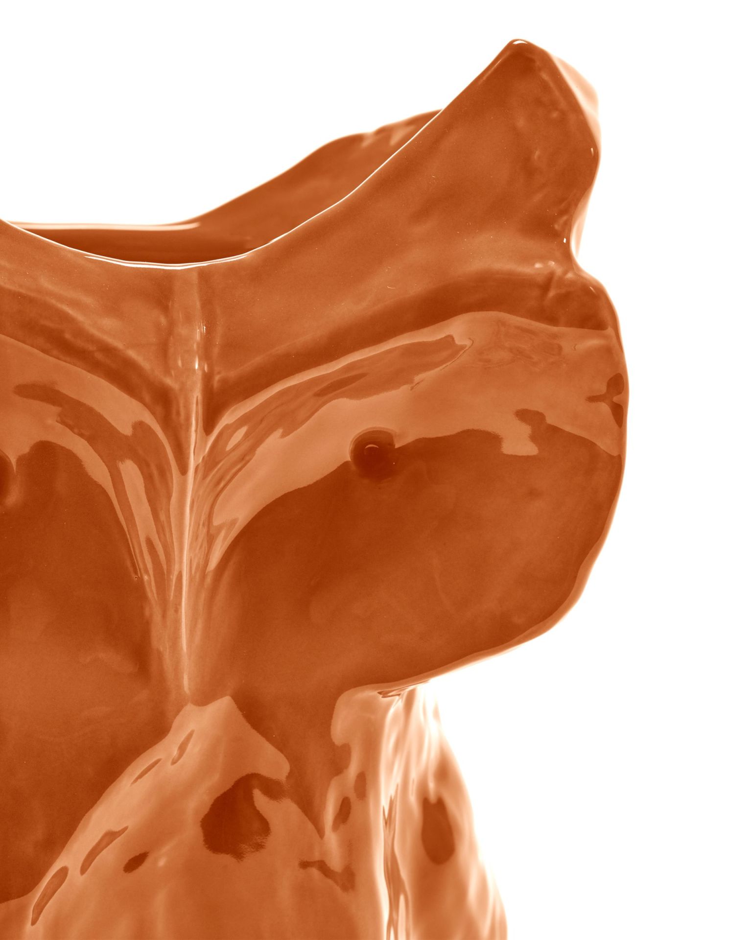 Detailaufnahme der Serax Eule Vase in Orange, Keramik Dekoration für Wohnzimmer und Tischdeko.