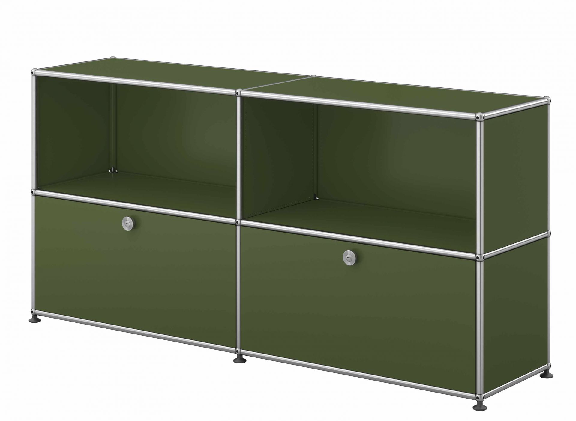 USM Haller Sideboard in Olivgrün mit zwei Klappen, modernes modulares Designmöbel für Wohnzimmer und Büro.