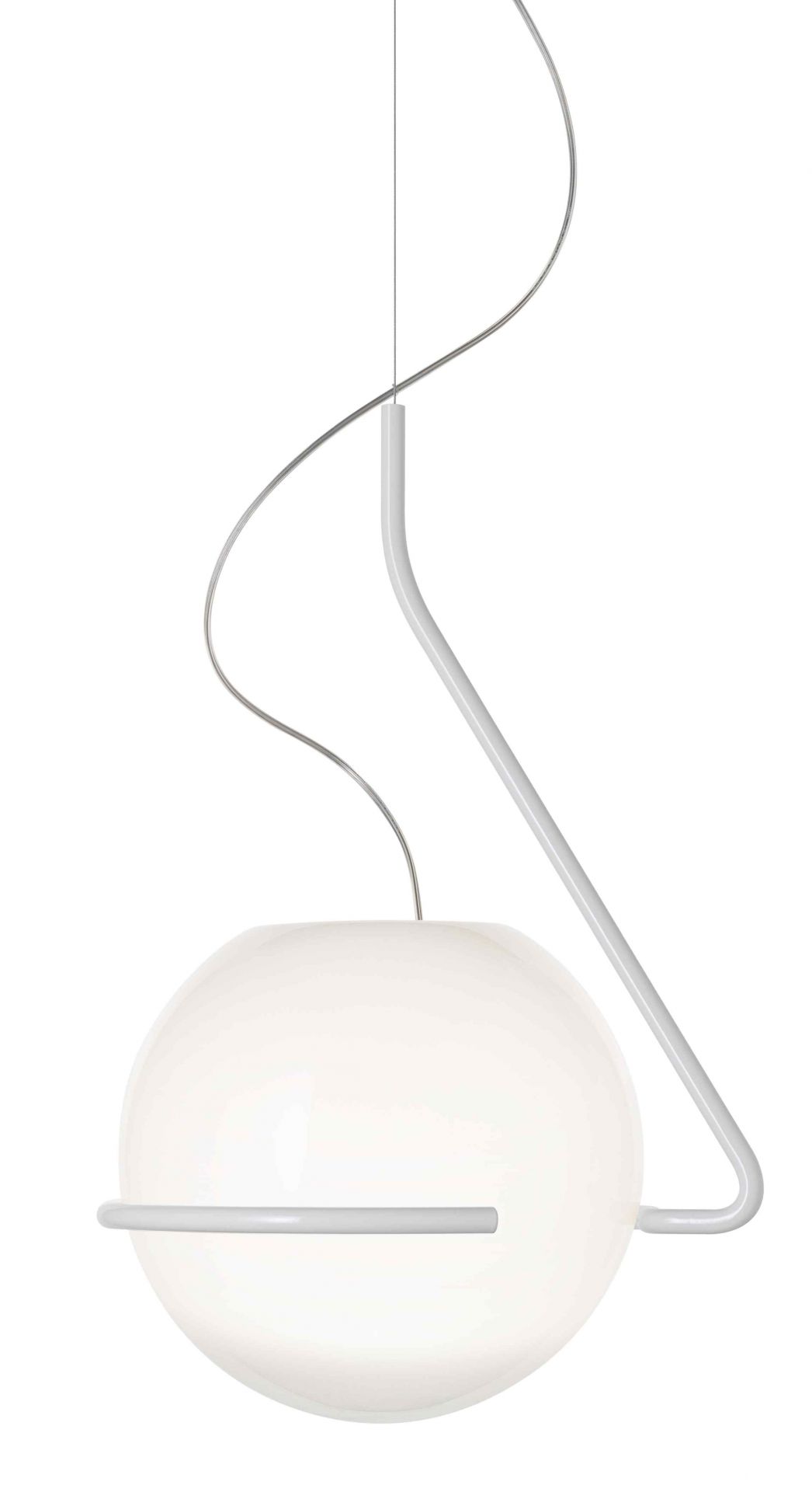 Moderne Tonda Pendelleuchte von Foscarini, weiße Kugel mit minimalistischem, grauem Metallgestell für stilvolle Innenraumbeleuchtung.