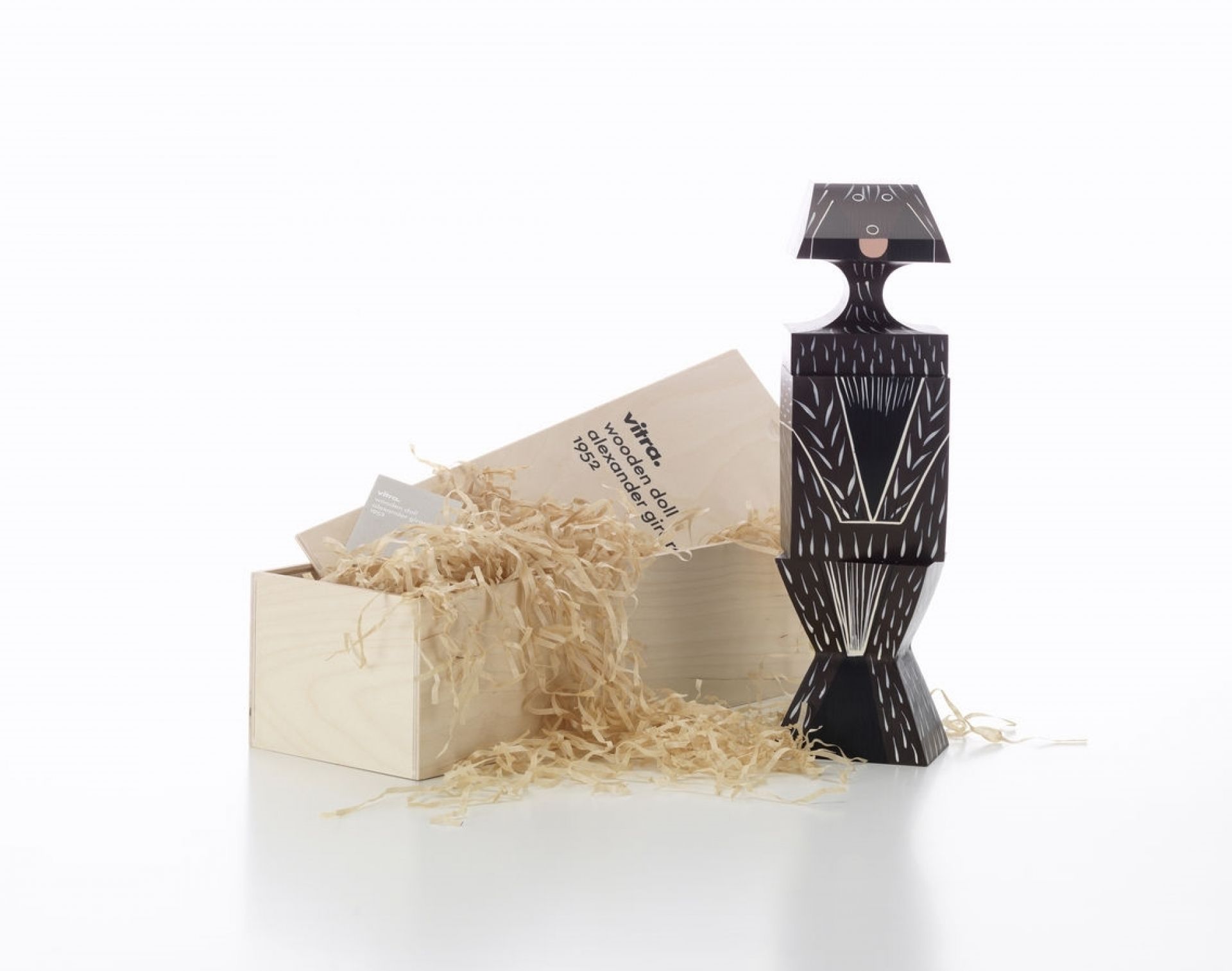 Vitra Wooden Doll Hund gross, dekorative Holzfigur in schwarz-weiß mit Geschenkverpackung.
