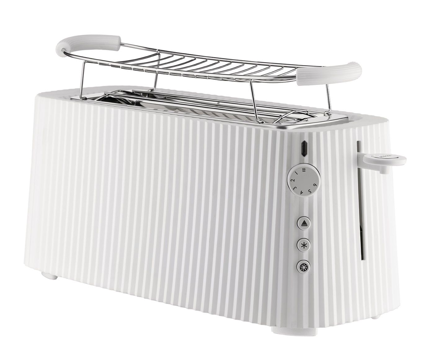 Weißer Alessi Toaster MDL15 Plissé XXL mit Brötchenaufsatz, modernes Design für die Küche.