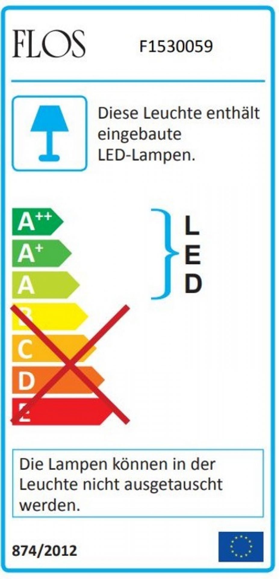 Energieeffizienzlabel der Flos Captain Flint LED Stehleuchte in Messing, mit integrierten LEDs.