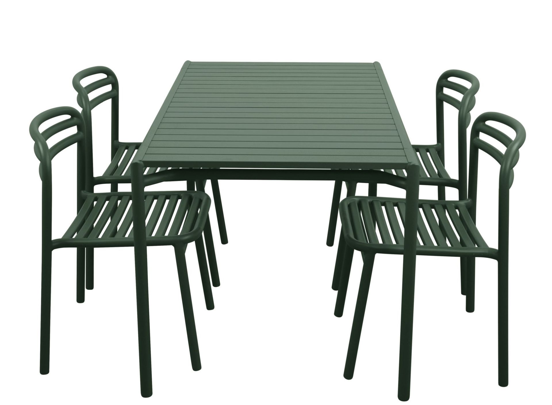 Rechteckiger, grüner Bliss Esstisch von Cane-Line mit vier passenden Outdoor Stühlen.