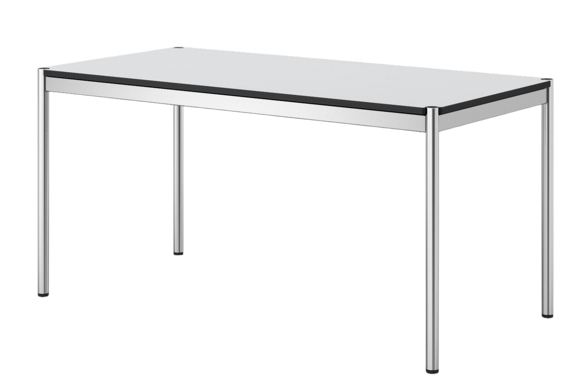 USM Haller Tisch in Perlgrau, 150 x 75 cm, mit verchromtem Gestell für Büro und Wohnen.