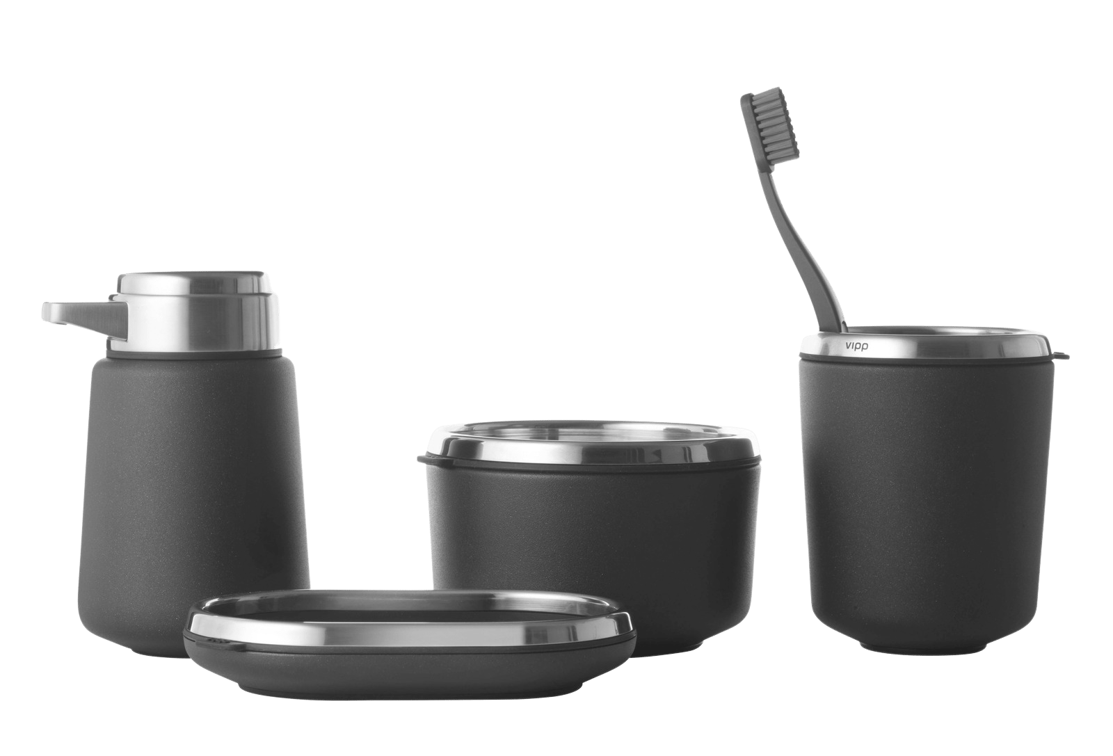 Schwarzes Badezimmer-Set von Vipp mit Seifenspender, Seifenschale, Zahnputzbecher und Behälter. Modernes Design für Badaccessoires.