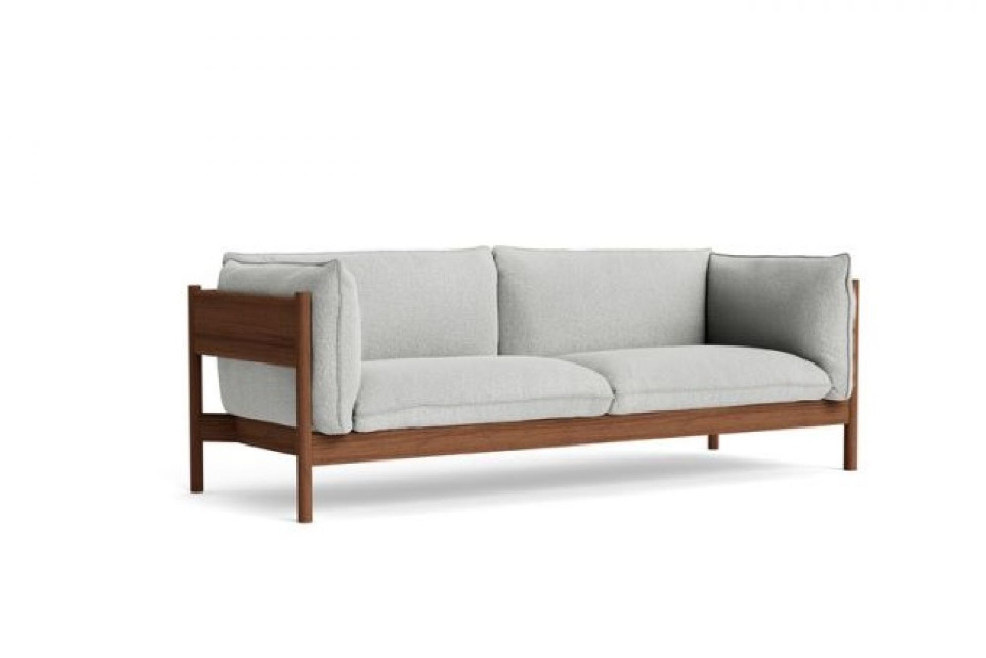 Arbour Sofa: Modernes 3-Sitzer Sofa mit grauem Stoffbezug und geöltem Walnuss-Holzrahmen.
