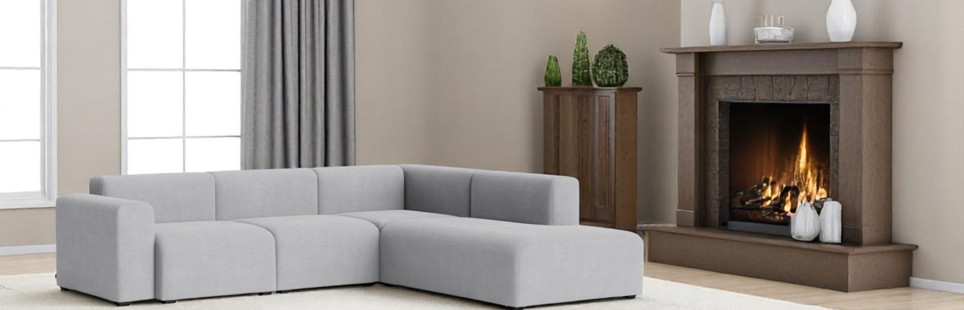 Helles Mags Sofa Eckkombination mit Armlehne rechts, bezogen mit Linara Stoff.