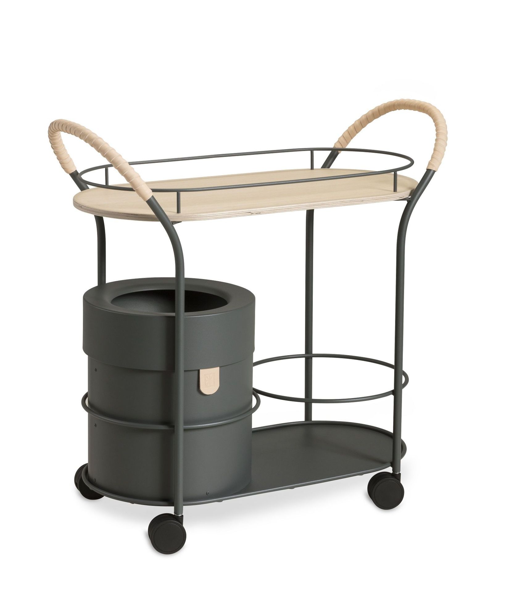 Mizetto Bistro Trolley Servierwagen mit Holzablage und grauem Behälter auf Rollen. Praktischer Küchenwagen.