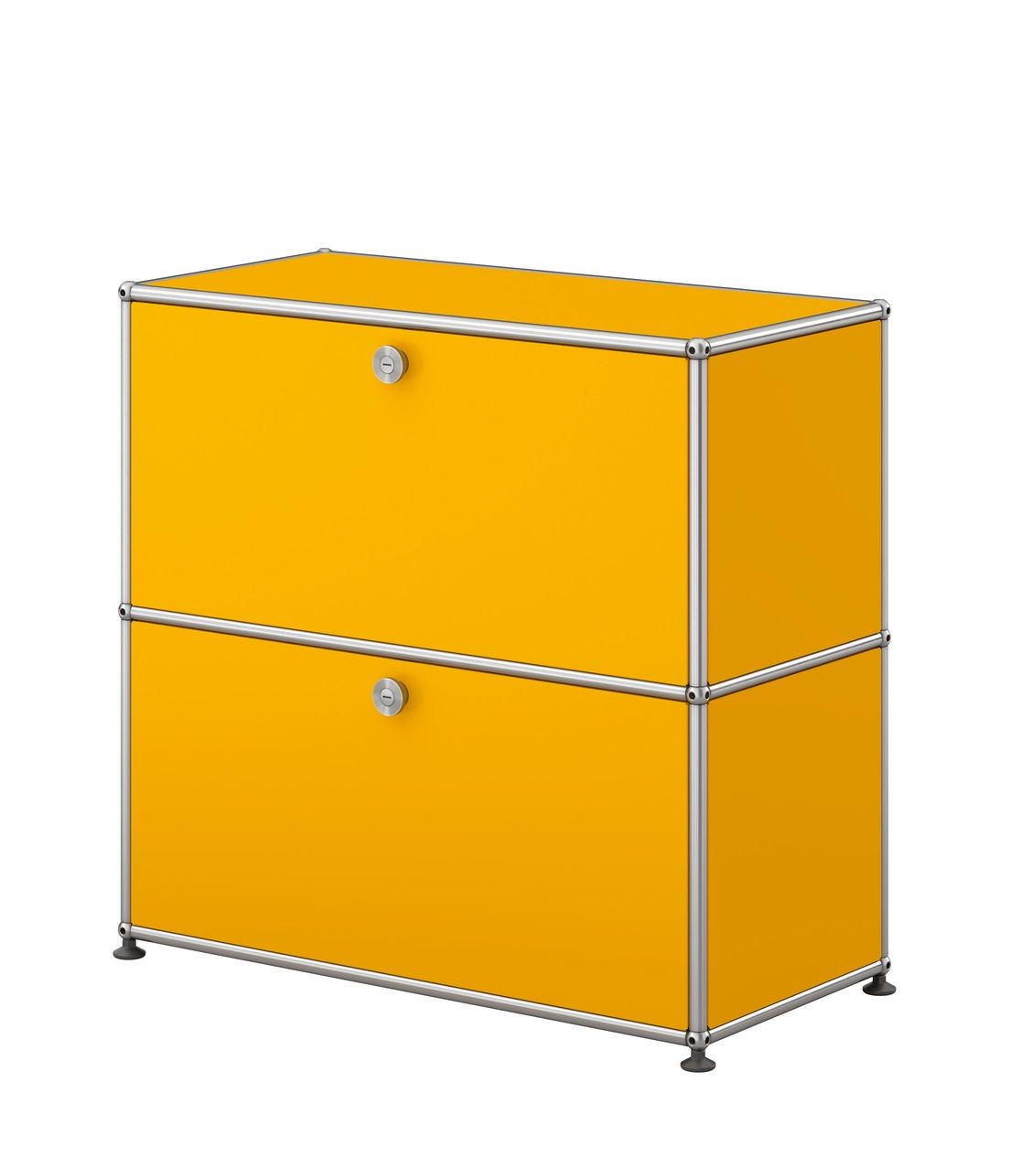 USM Haller Sideboard klein in Goldgelb mit zwei abschließbaren Fächern und verchromtem Gestell.