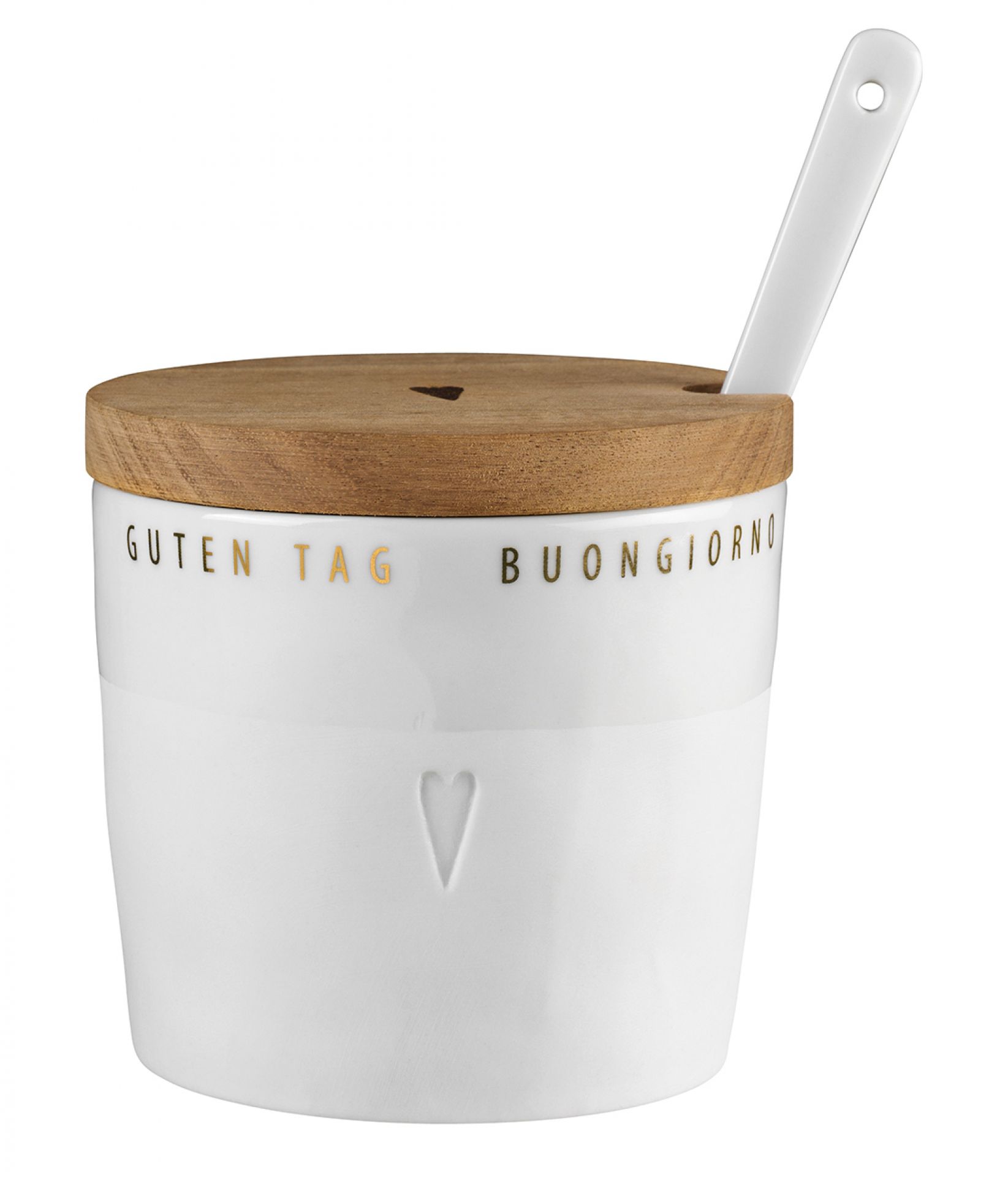 Poesie et Table süße Dose Räder: Weiße Keramikdose mit Holzdeckel und Löffel für Frühstück.