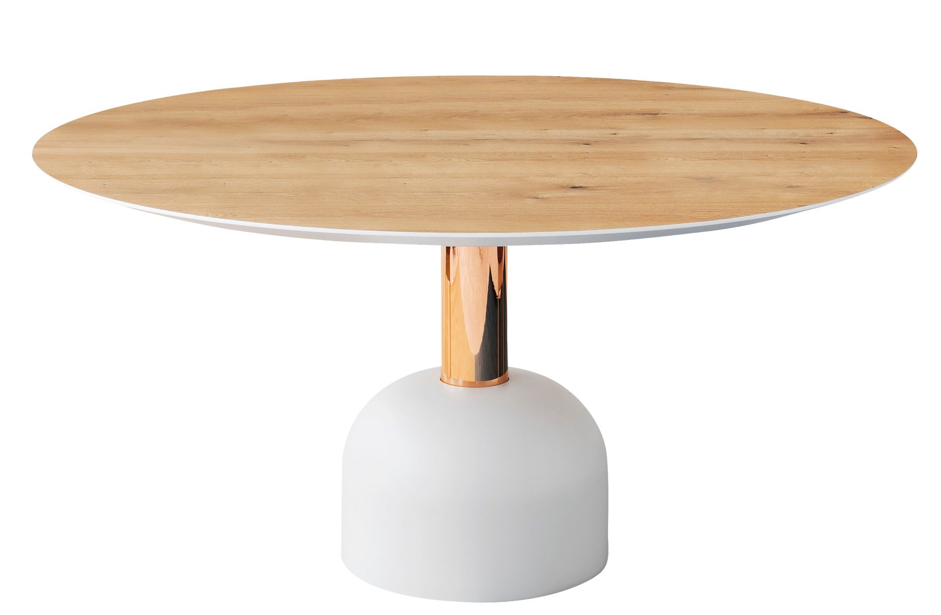 Illo Esstisch von Miniforms: Runder Holztisch mit weißem Sockel und kupferfarbenem Detail.