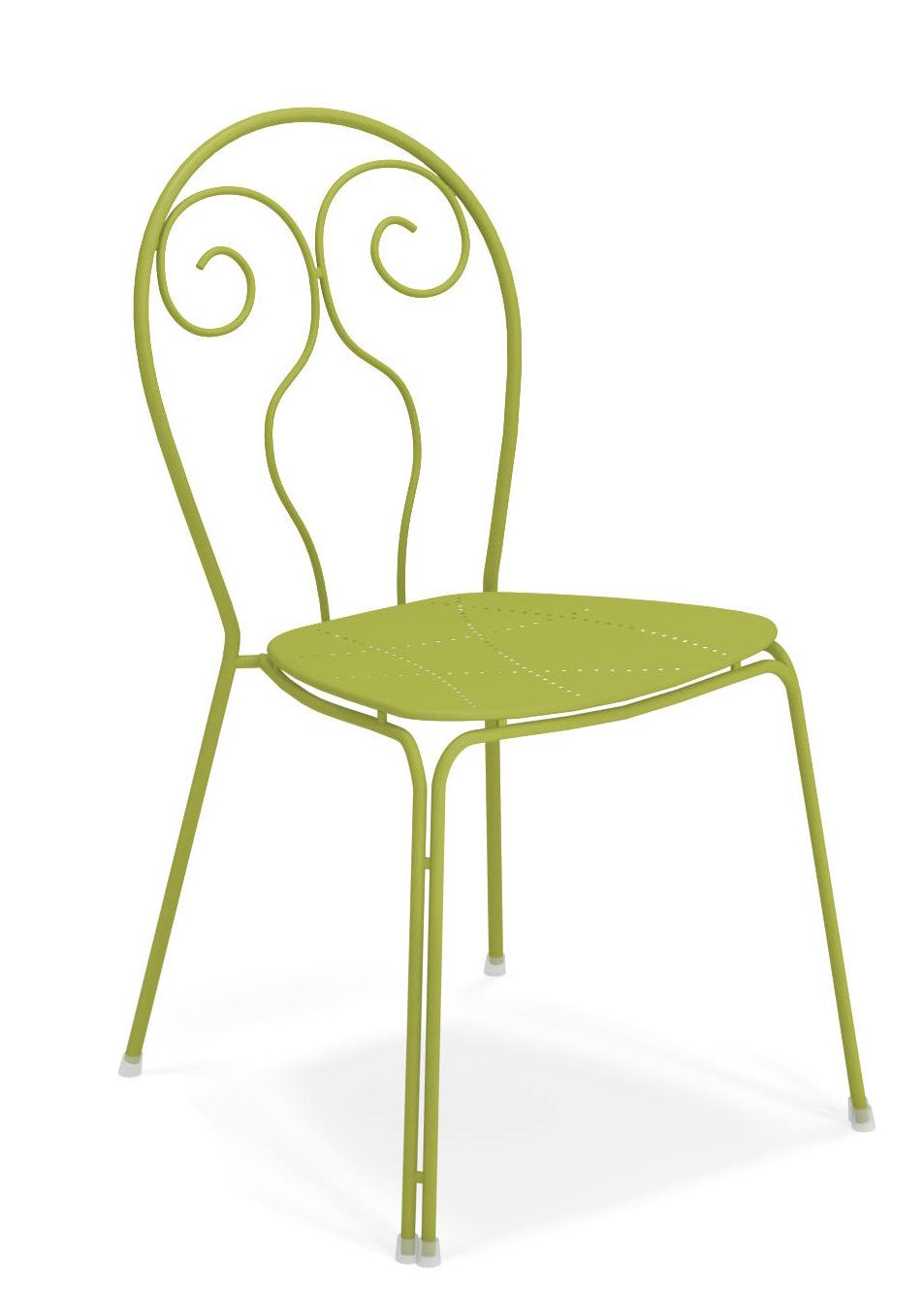 Caprera Stuhl von Emu für den Außenbereich, grüner Metallstuhl mit filigranem Design.