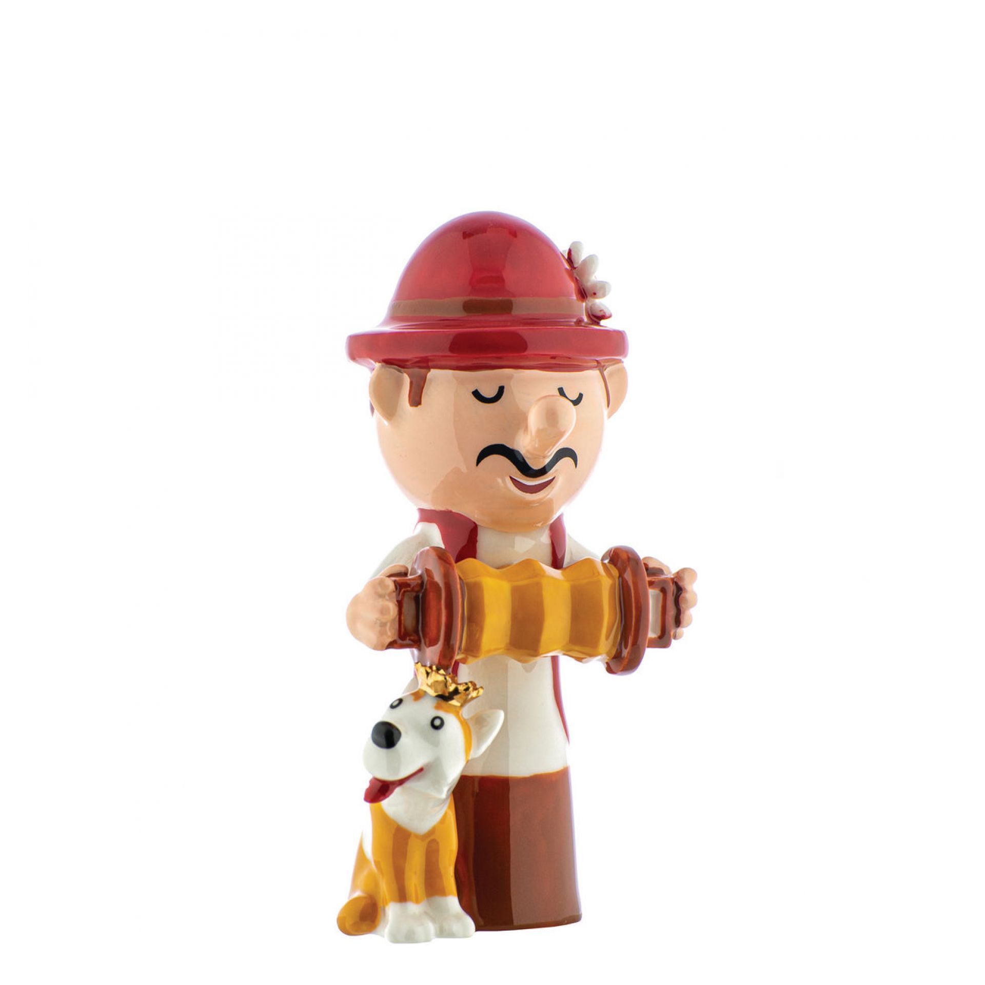 Alessi Happy Eternity Baby Figur: Mann mit Ziehharmonika und Hund mit Krone.