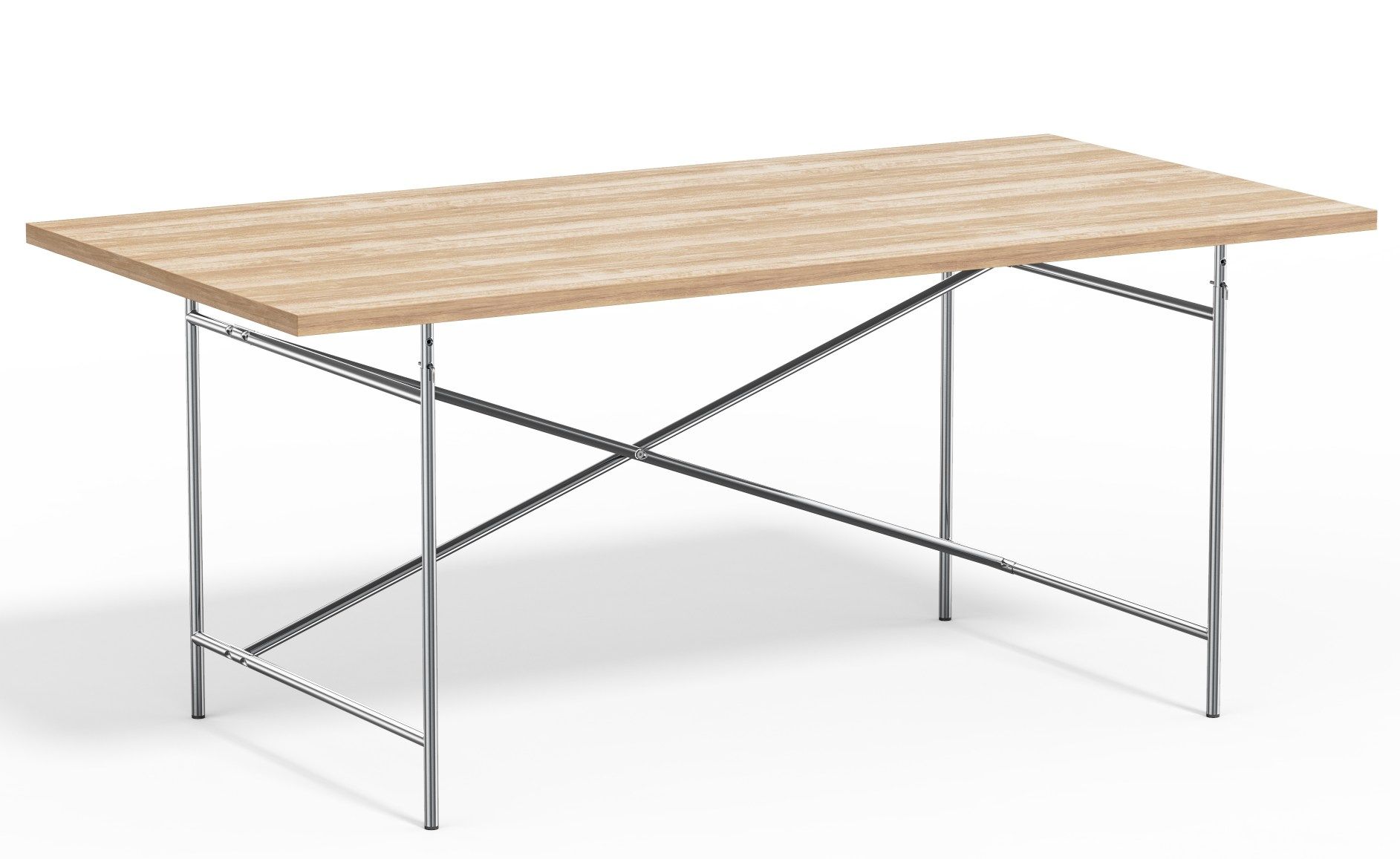 Eiermann Tisch mit heller Holzplatte und verchromtem Stahlgestell. Designklassiker für Büro und Zuhause.
