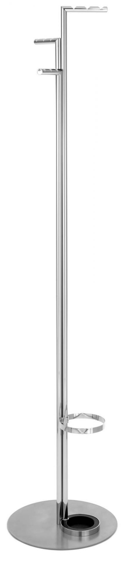Zinox Garderobenständer von Schönbuch aus glänzendem Stahl mit Schirmständer und mehreren Kleiderhaken.