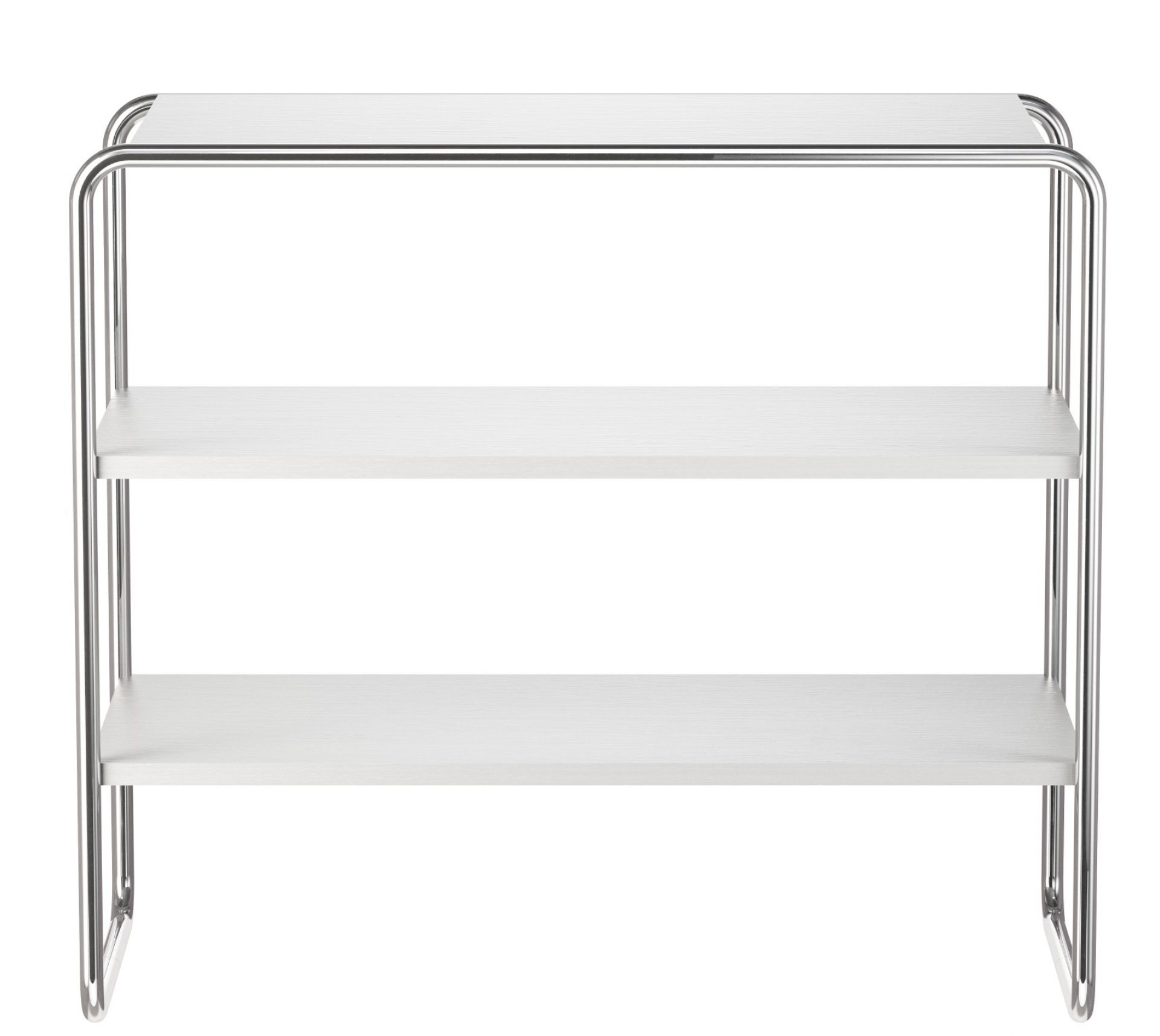 B 22 a Thonet Regal mit drei weißen Ablageflächen und Stahlrohrgestell.