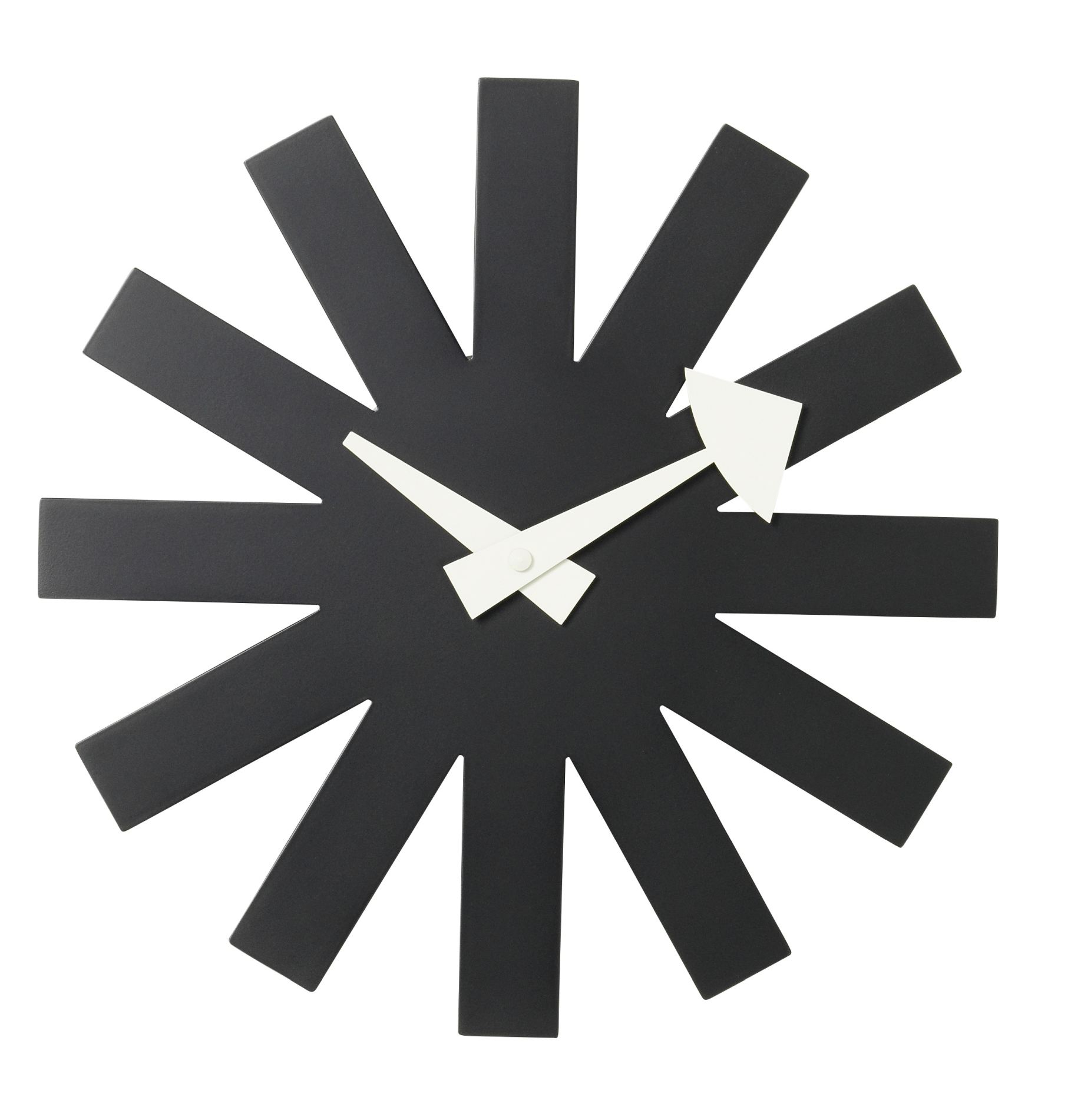 Schwarze Asterisk Clock Wanduhr von Vitra mit weißen Zeigern, modernes Design für Wohnzimmer.
