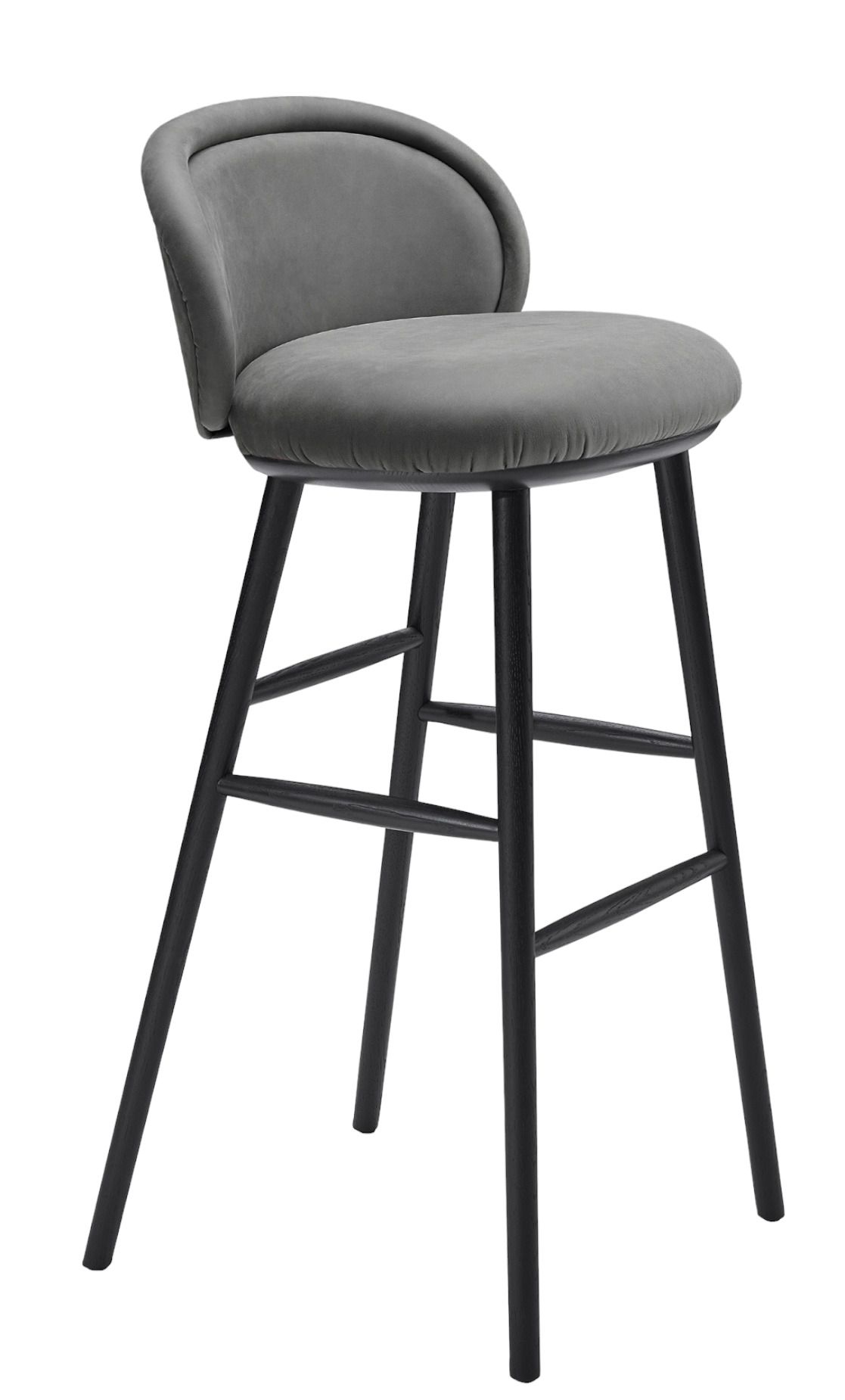 Grauer Ona Barstool Barhocker von Freifrau Manufaktur mit schwarzem Holzgestell und gepolsterter Sitzfläche.