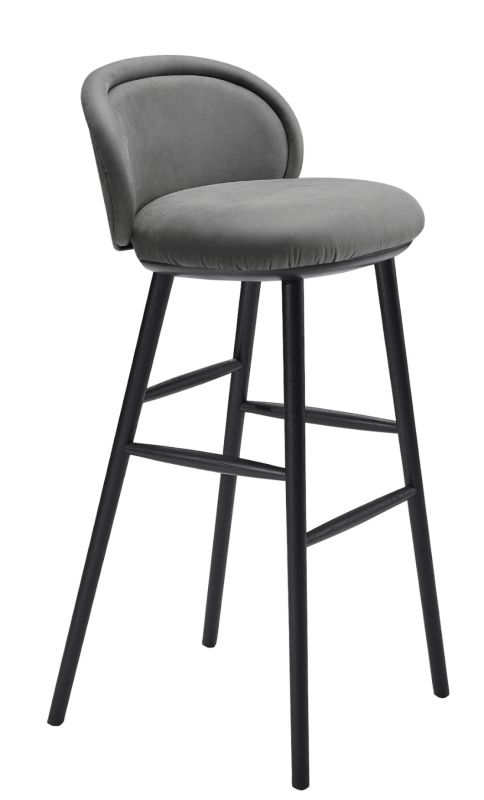 Grauer Ona Barstool Barhocker von Freifrau Manufaktur mit schwarzem Holzgestell und gepolsterter Sitzfläche.
