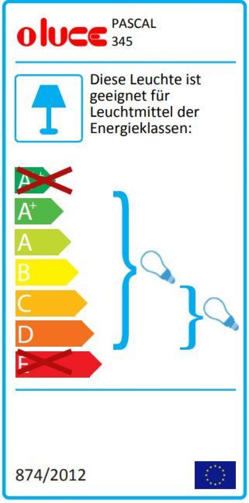 Energieeffizienzlabel der Oluce Pascal Stehleuchte, zeigt Energieklassen von A+ bis D.
