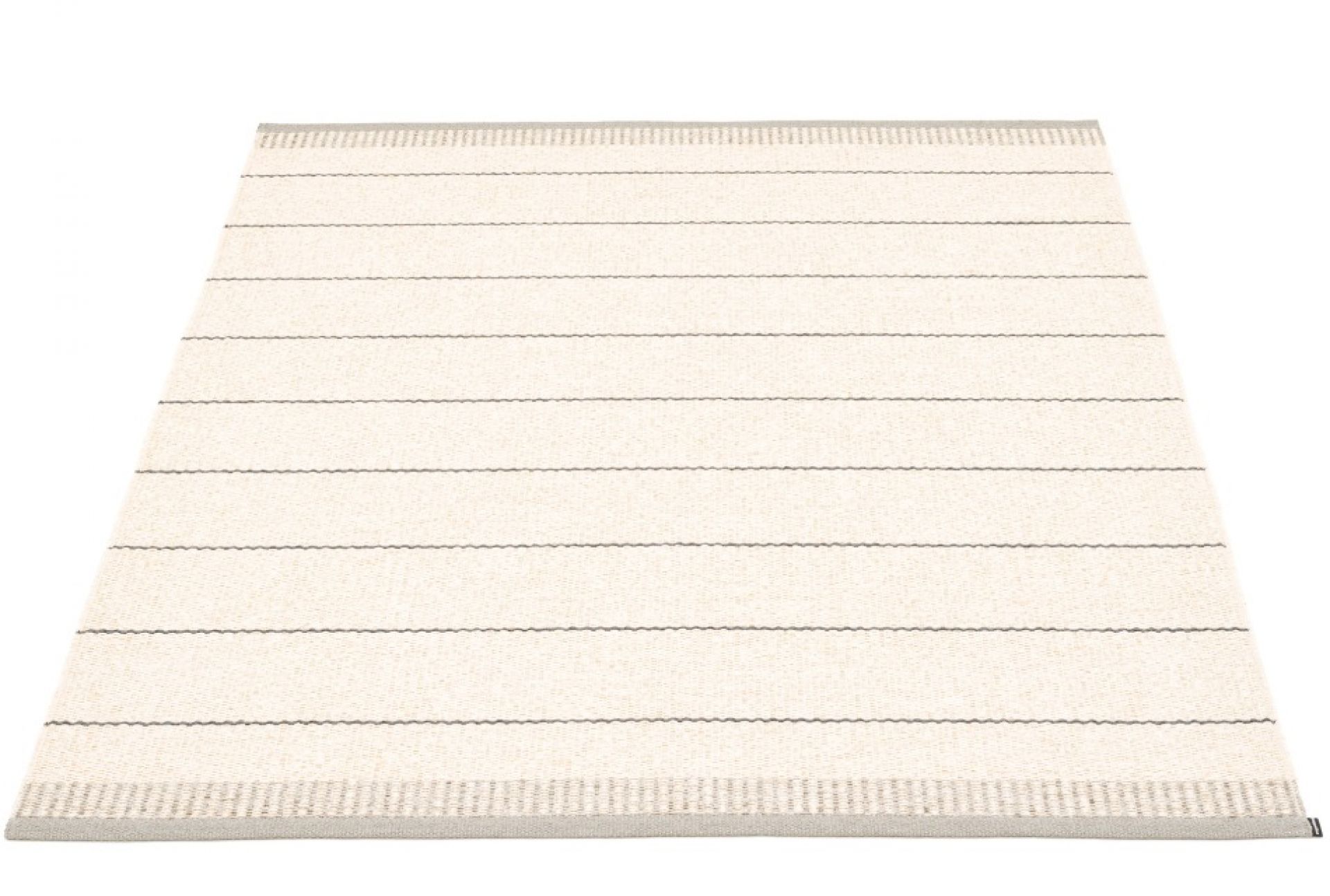 Belle Kunststoffteppich Pappelina in Warmgrau, 230x320 cm, mit feinen grauen Streifen und schmalem Rand.
