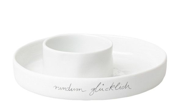 Weiße Keramikschale "Rundum Glücklich" von Räder, ideal als Deko-Schale oder für Snacks.