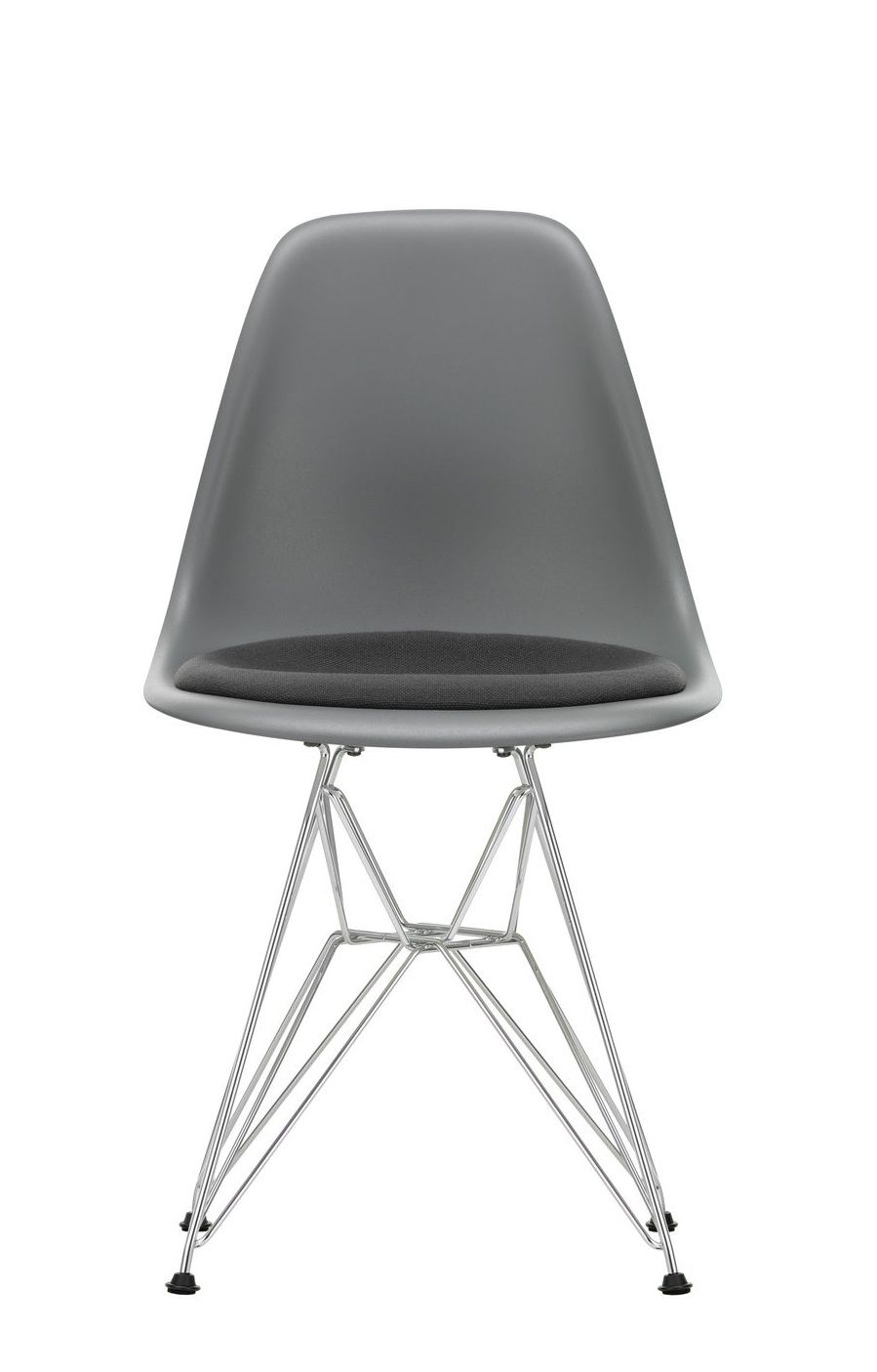 Grauer Eames DSR Stuhl mit Sitzpolster und verchromtem Gestell von Vitra.