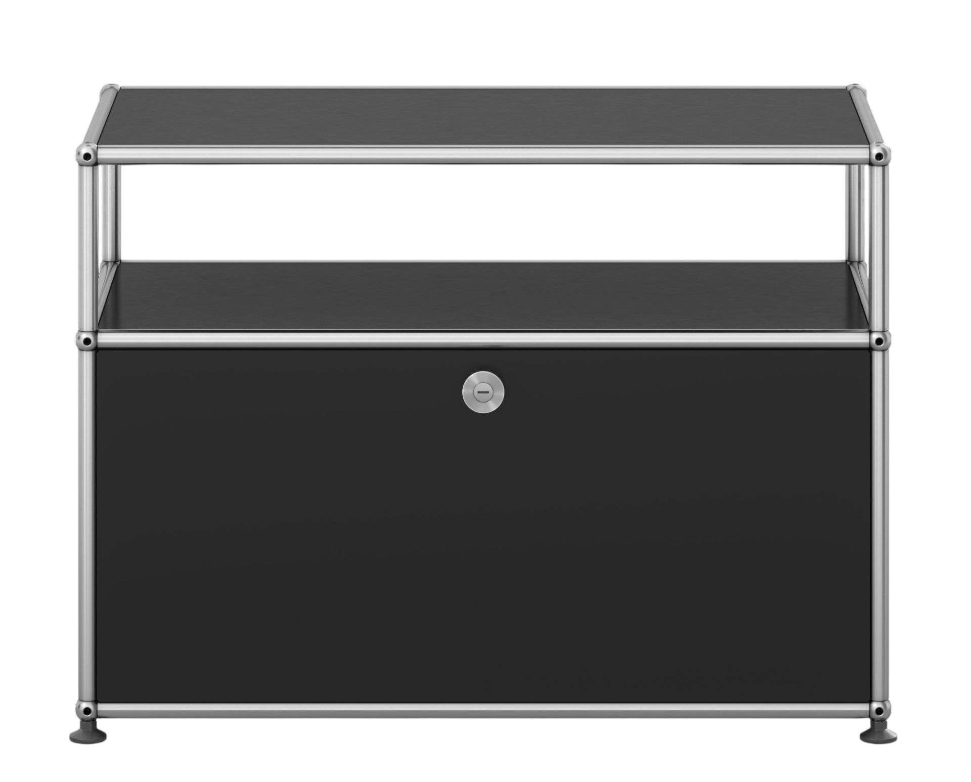 USM Haller Beistelltisch in Graphitschwarz mit einer Klappe, modernes Designmöbel für Wohnen und Büro.