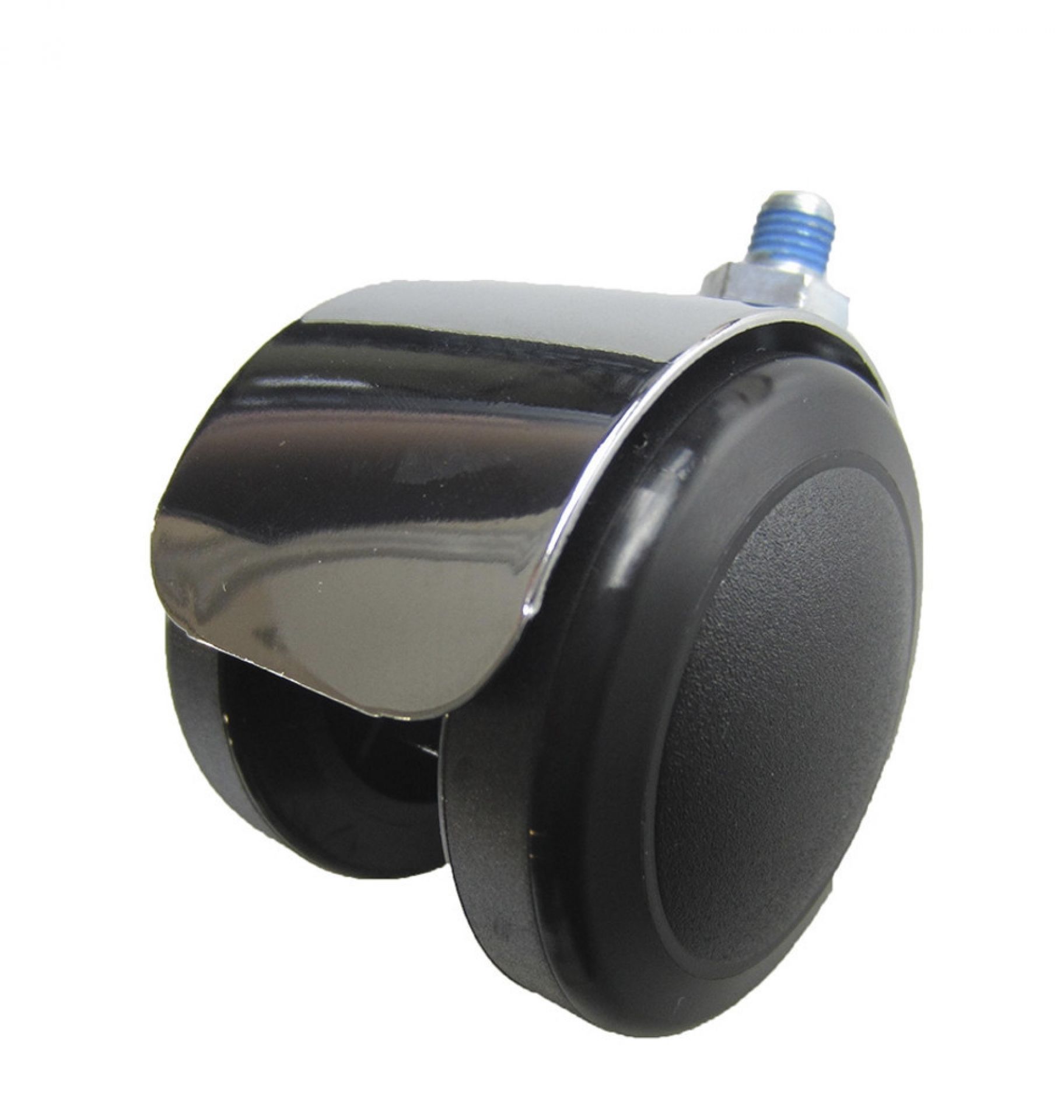 USM Haller Rolle, Lenkrolle Ersatzteil: Detailansicht der schwarzen Doppelrolle mit verchromter Halterung und Gewindebolzen.